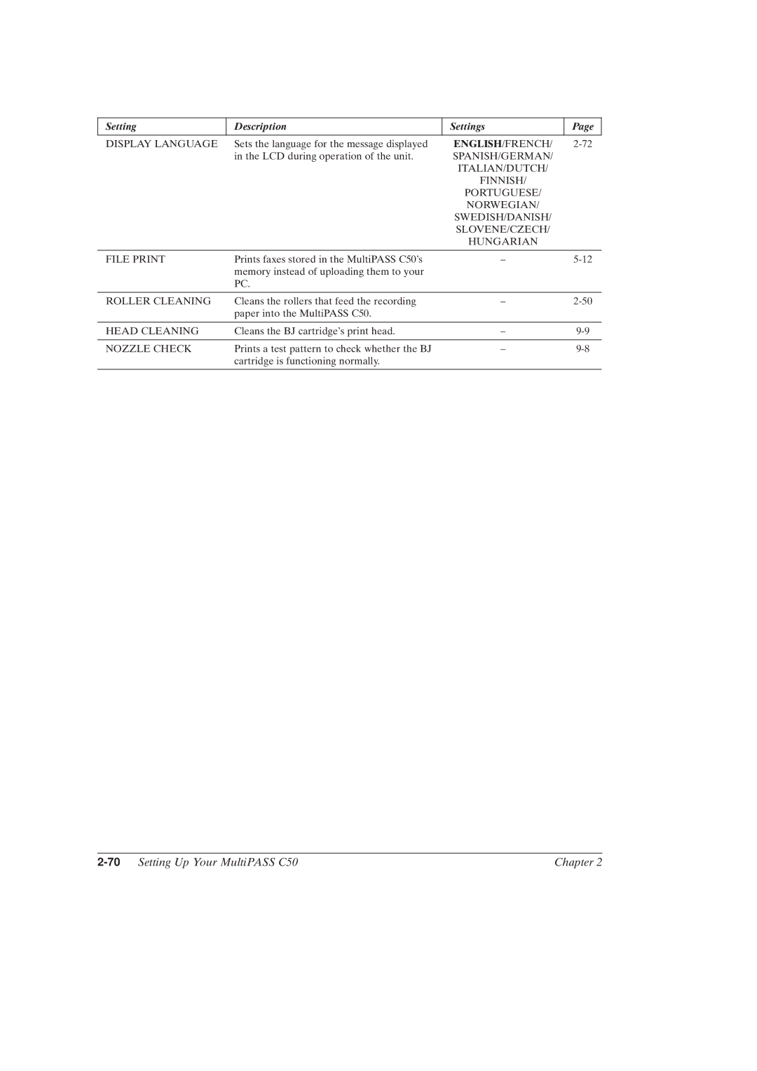 Canon MultiPASSTM C50 manual 70Setting Up Your MultiPASS C50 Chapter 