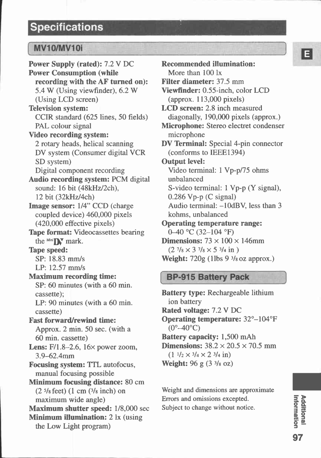 Canon MV10I, MV 10 manual 