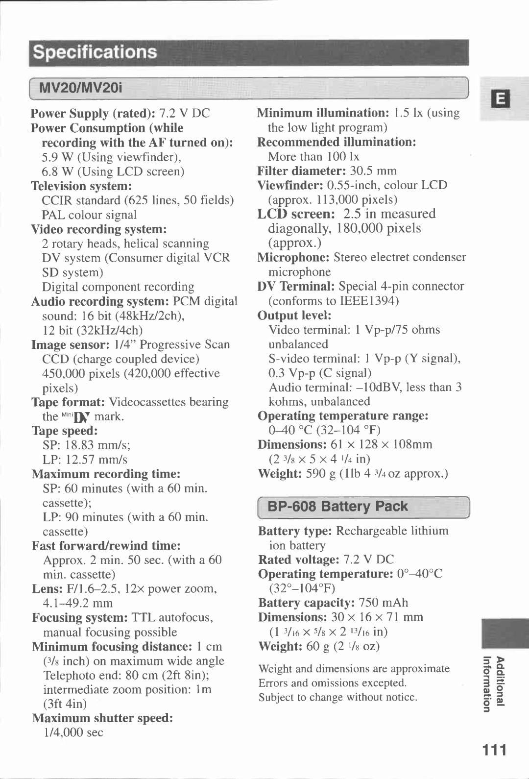 Canon MV20I, MV 20 manual 