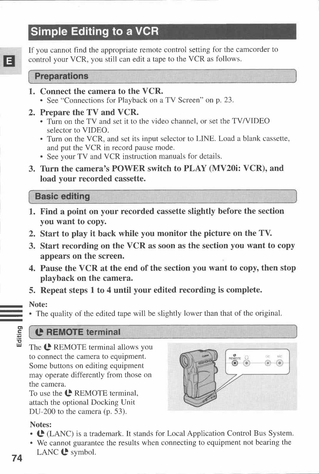 Canon MV 20, MV20I manual 