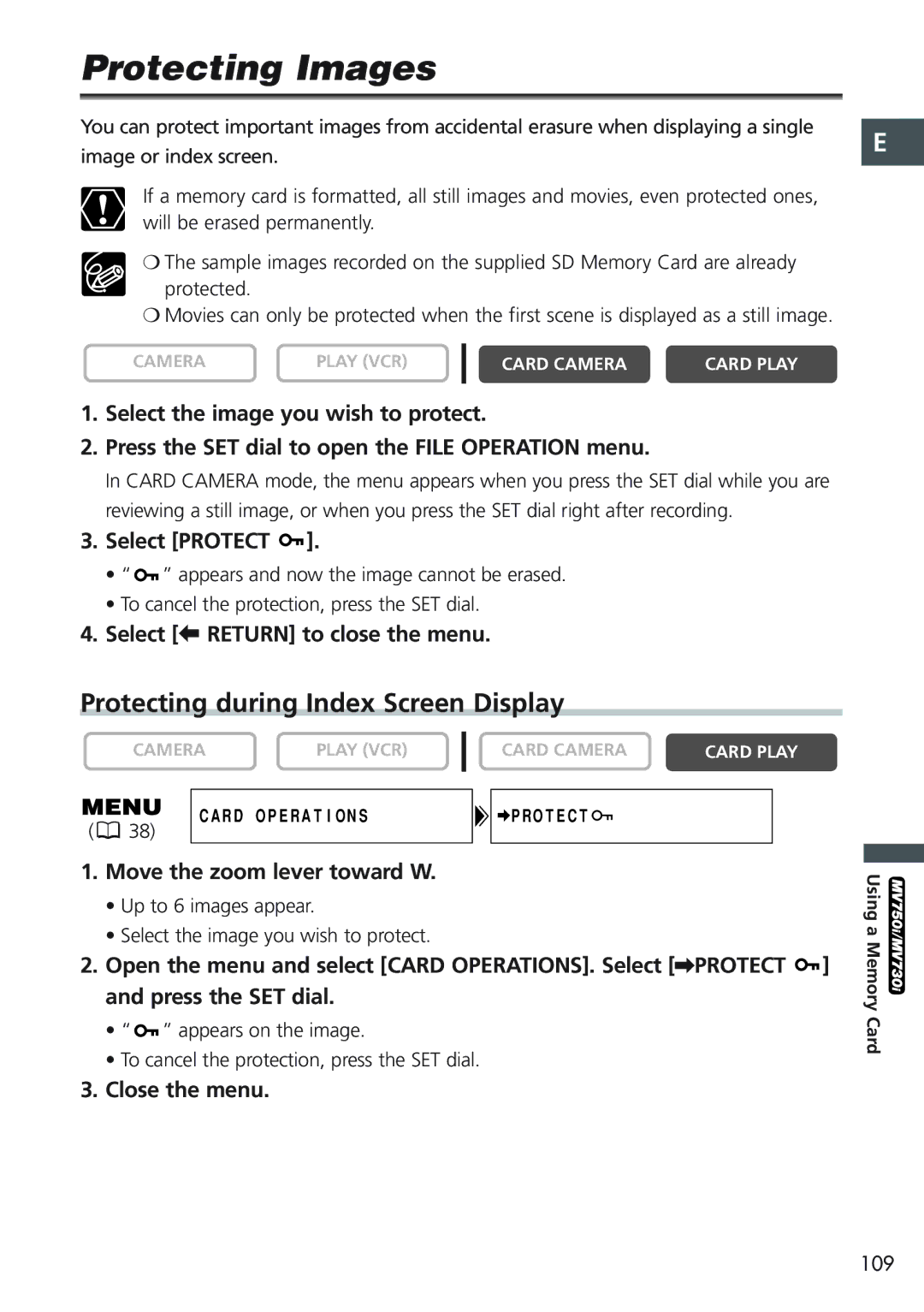 Canon MV 690 Protecting Images, Protecting during Index Screen Display, Select Protect, Select b Return to close the menu 