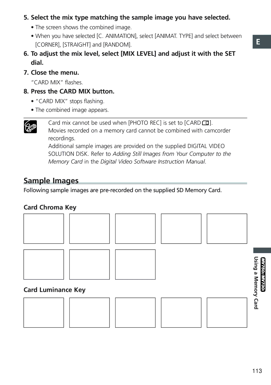 Canon MV 690 instruction manual Sample Images, Press the Card MIX button, Card Chroma Key Card Luminance Key 