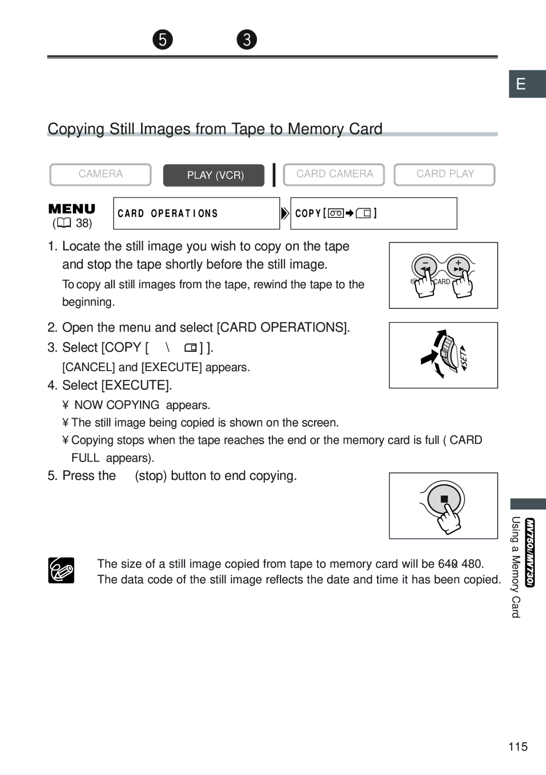 Canon MV 690 instruction manual Copying Still Images from Tape to Memory Card 