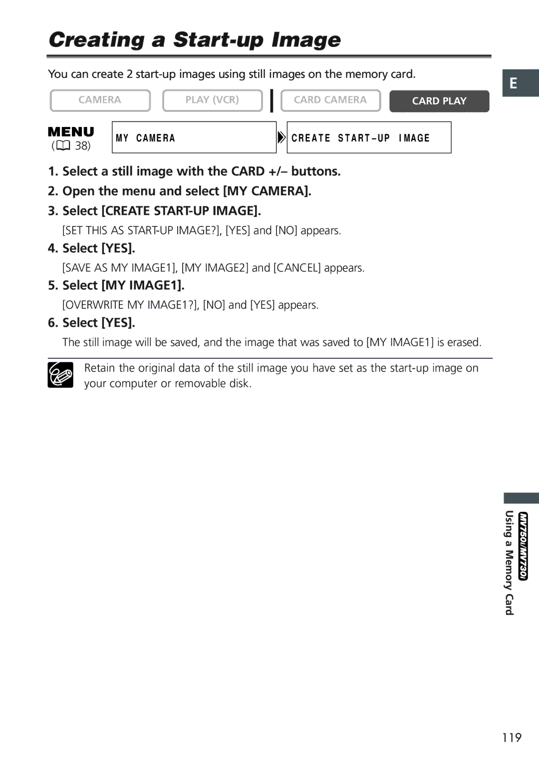 Canon MV 690 instruction manual Creating a Start-up Image, Select MY IMAGE1 