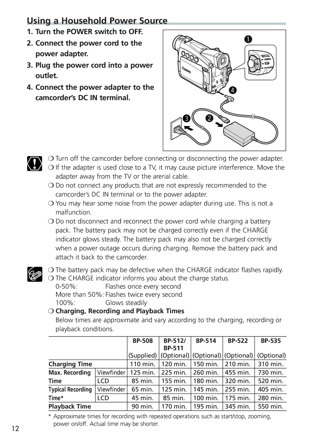 Canon MV 690 instruction manual Using a Household Power Source, Charging, Recording and Playback Times 