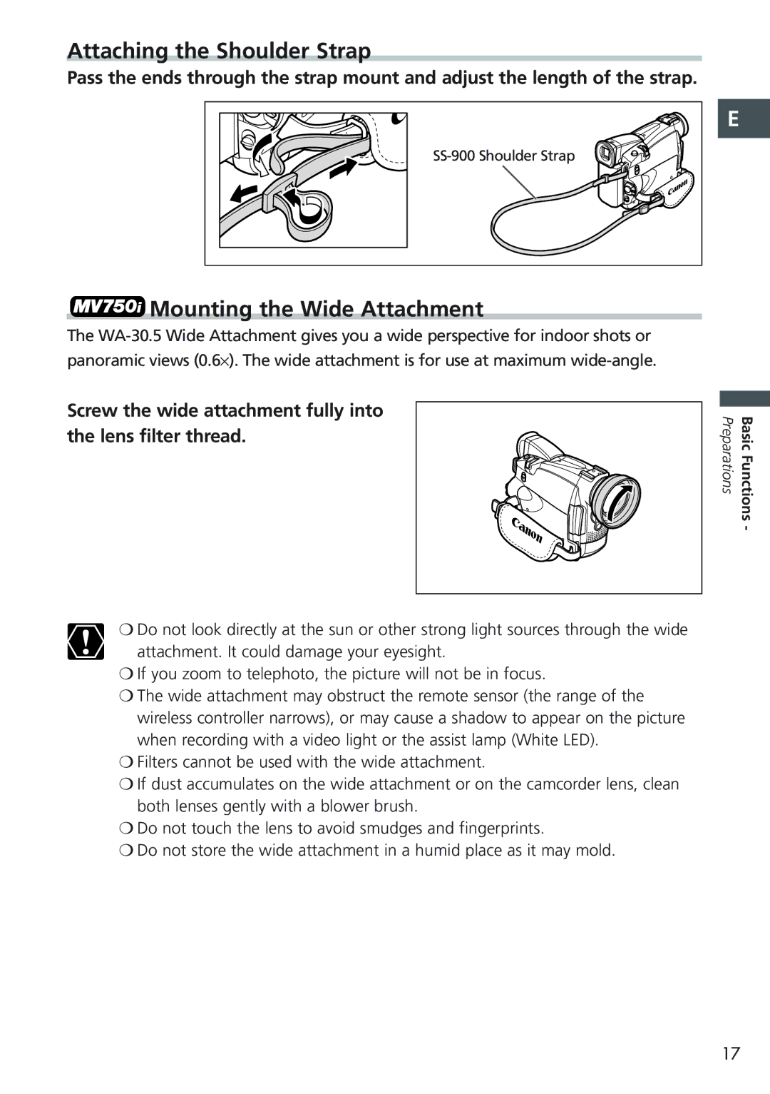 Canon MV 690 instruction manual Attaching the Shoulder Strap, Mounting the Wide Attachment 