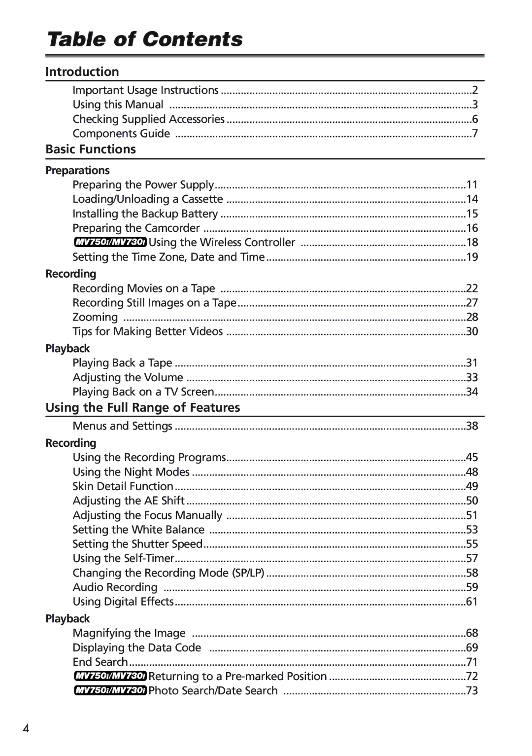 Canon MV 690 instruction manual Table of Contents 