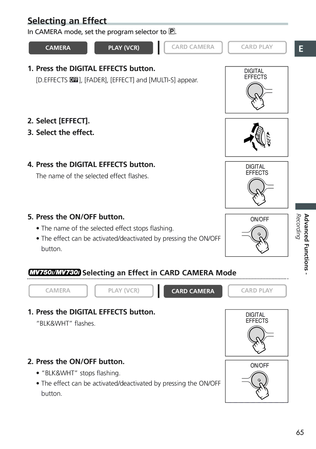 Canon MV 690 instruction manual Press the ON/OFF button, Selecting an Effect in Card Camera Mode 