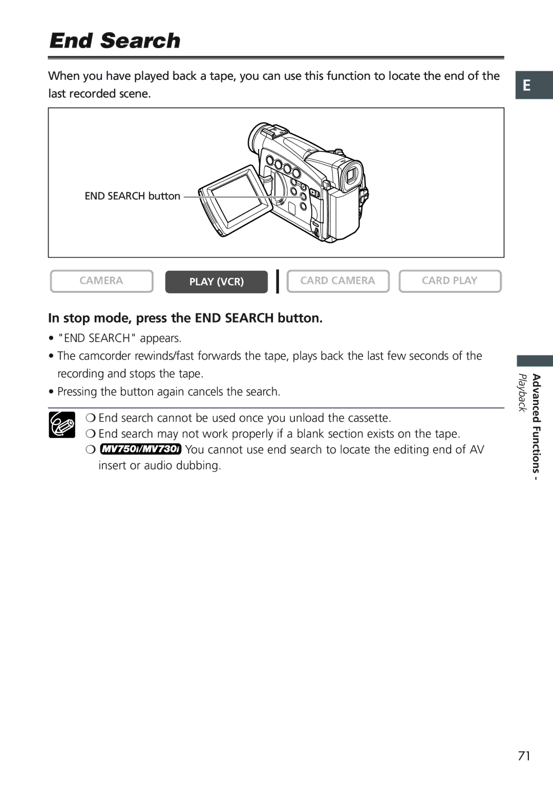 Canon MV 690 instruction manual End Search, Stop mode, press the END Search button 