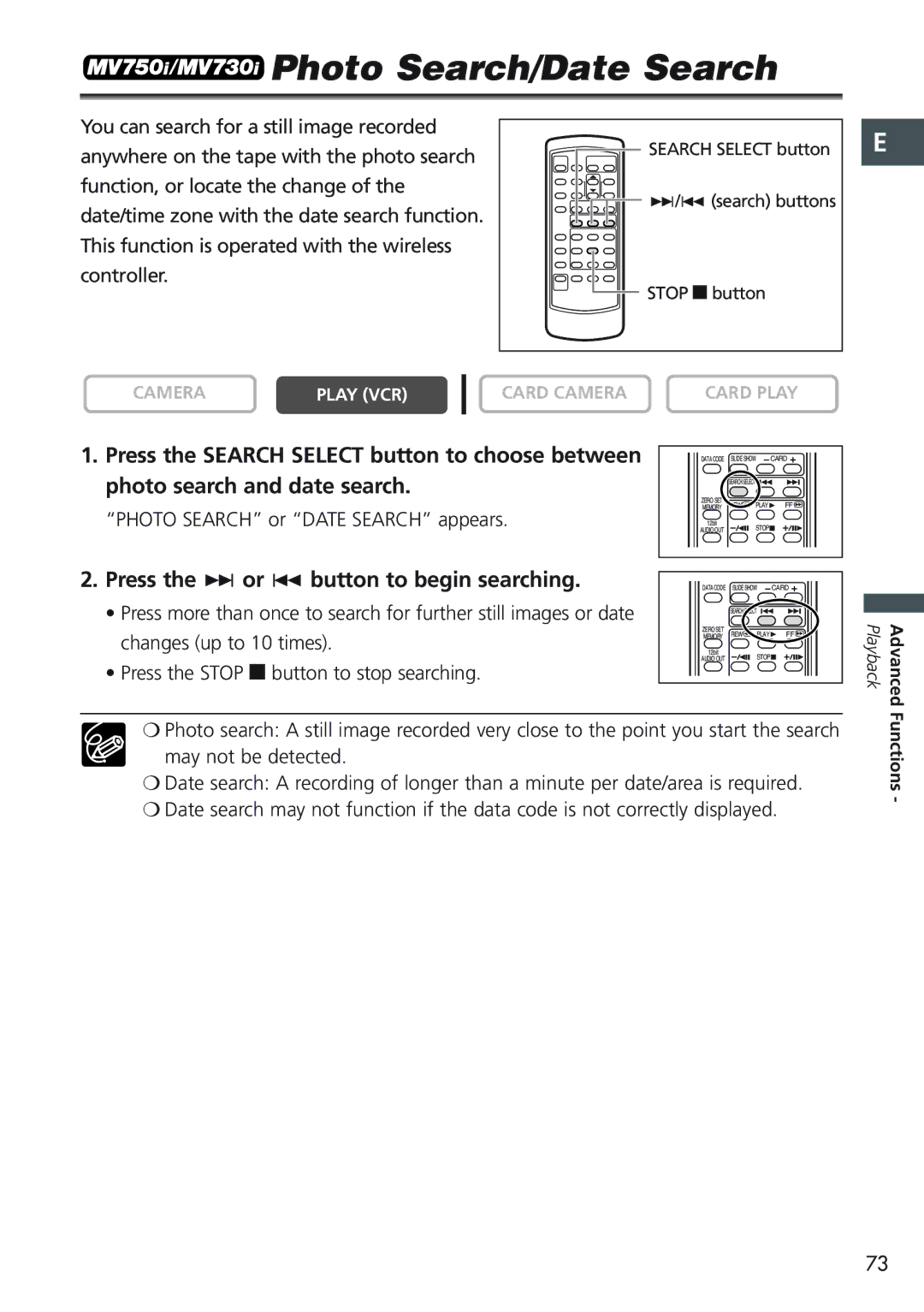 Canon MV 690 instruction manual Photo Search/Date Search, Press the + or button to begin searching 