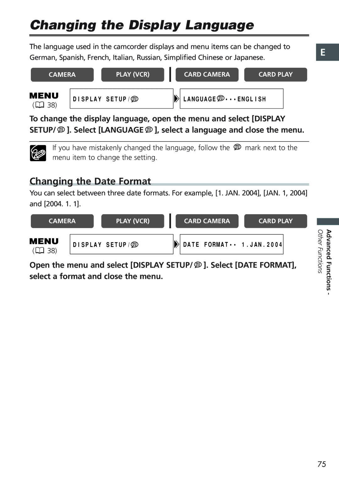 Canon MV 690 instruction manual Changing the Display Language, Changing the Date Format 