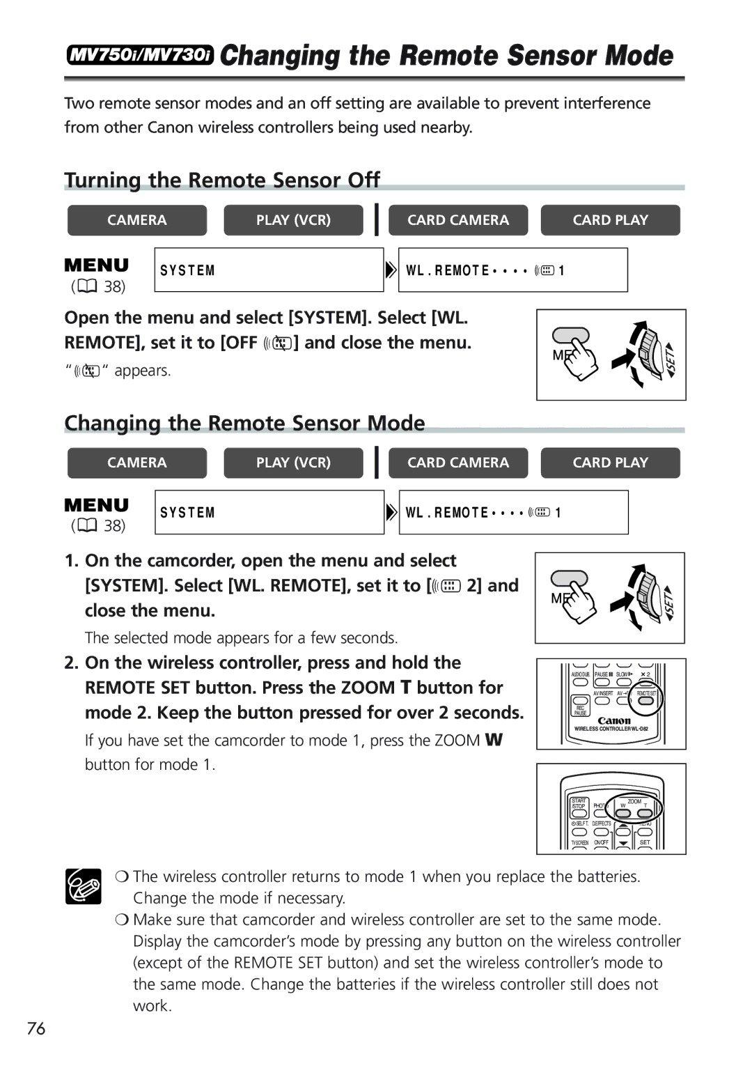 Canon MV 690 instruction manual Changing the Remote Sensor Mode, Turning the Remote Sensor Off 