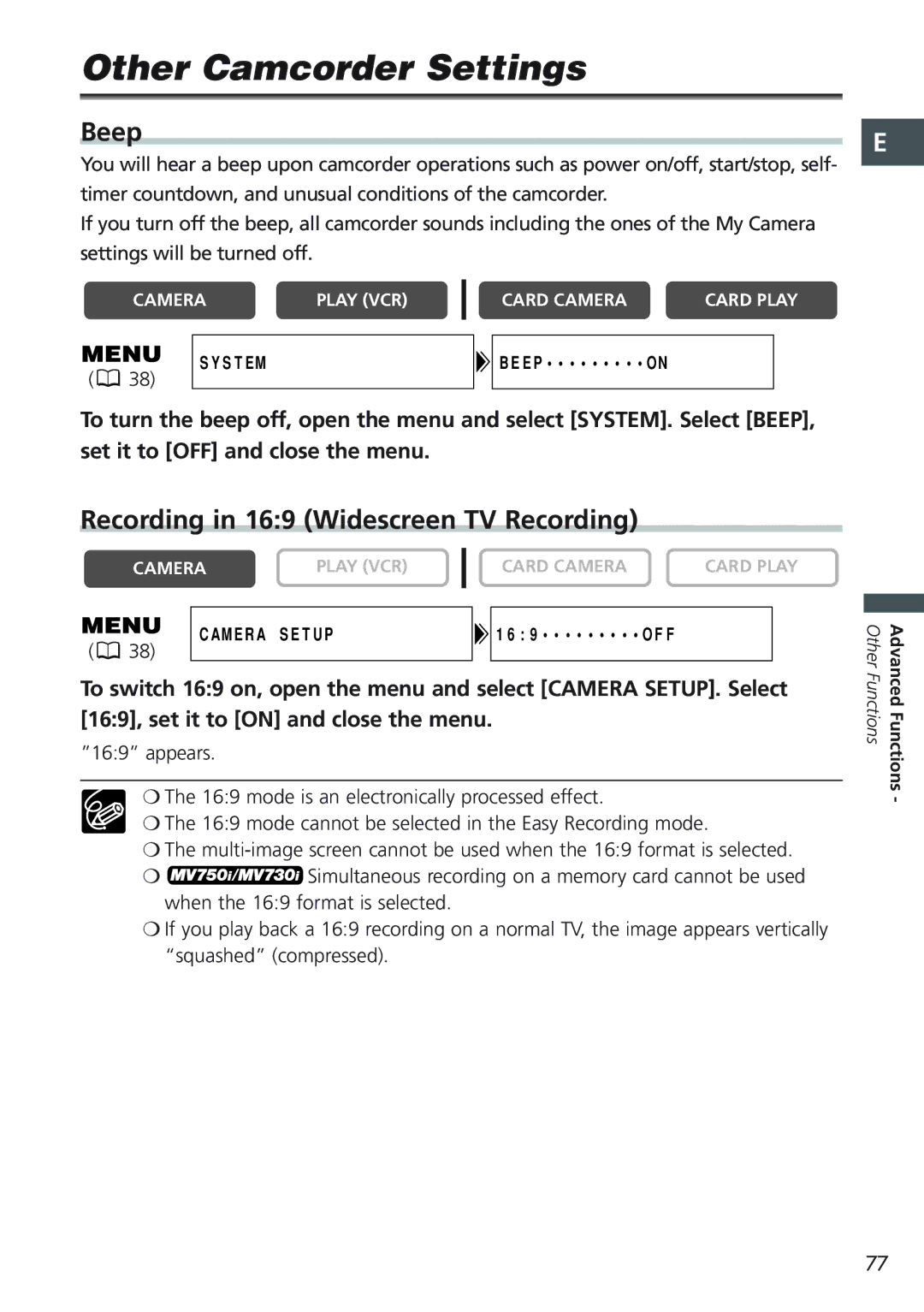 Canon MV 690 instruction manual Other Camcorder Settings, Recording in 169 Widescreen TV Recording 