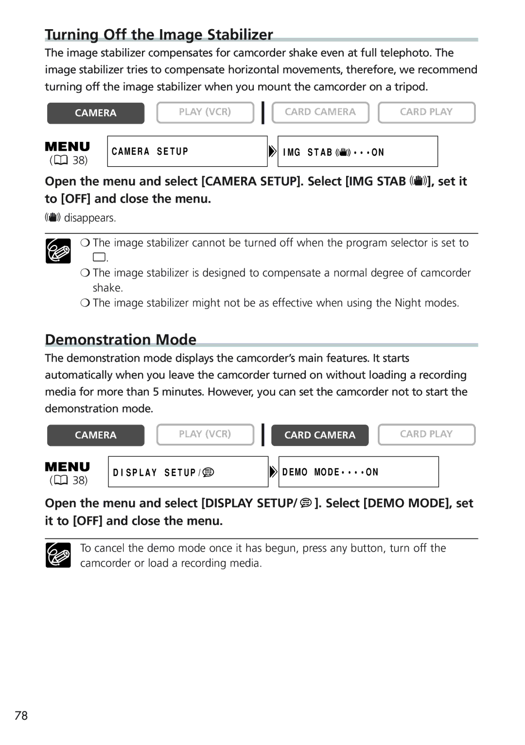 Canon MV 690 instruction manual Turning Off the Image Stabilizer, Demonstration Mode 