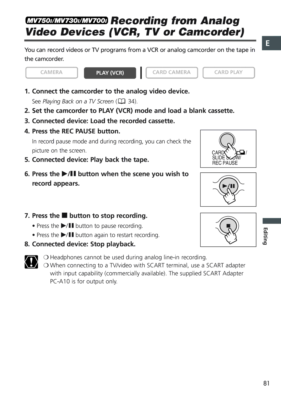 Canon MV 690 Recording from Analog Video Devices VCR, TV or Camcorder, Connect the camcorder to the analog video device 