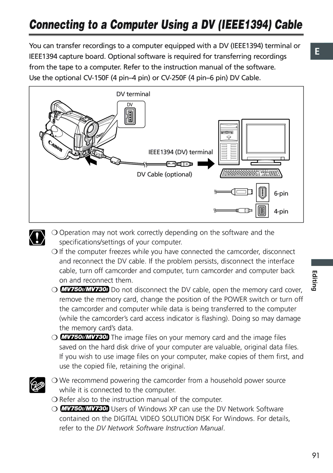 Canon MV 690 instruction manual Connecting to a Computer Using a DV IEEE1394 Cable 