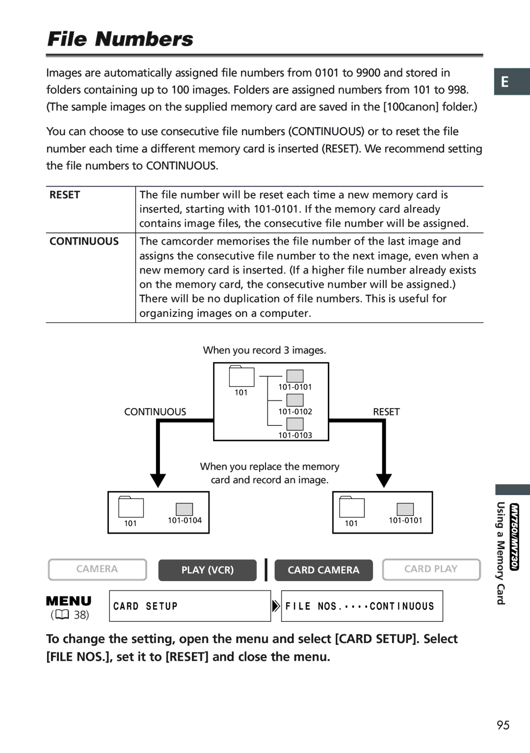 Canon MV 690 instruction manual File Numbers, Reset 