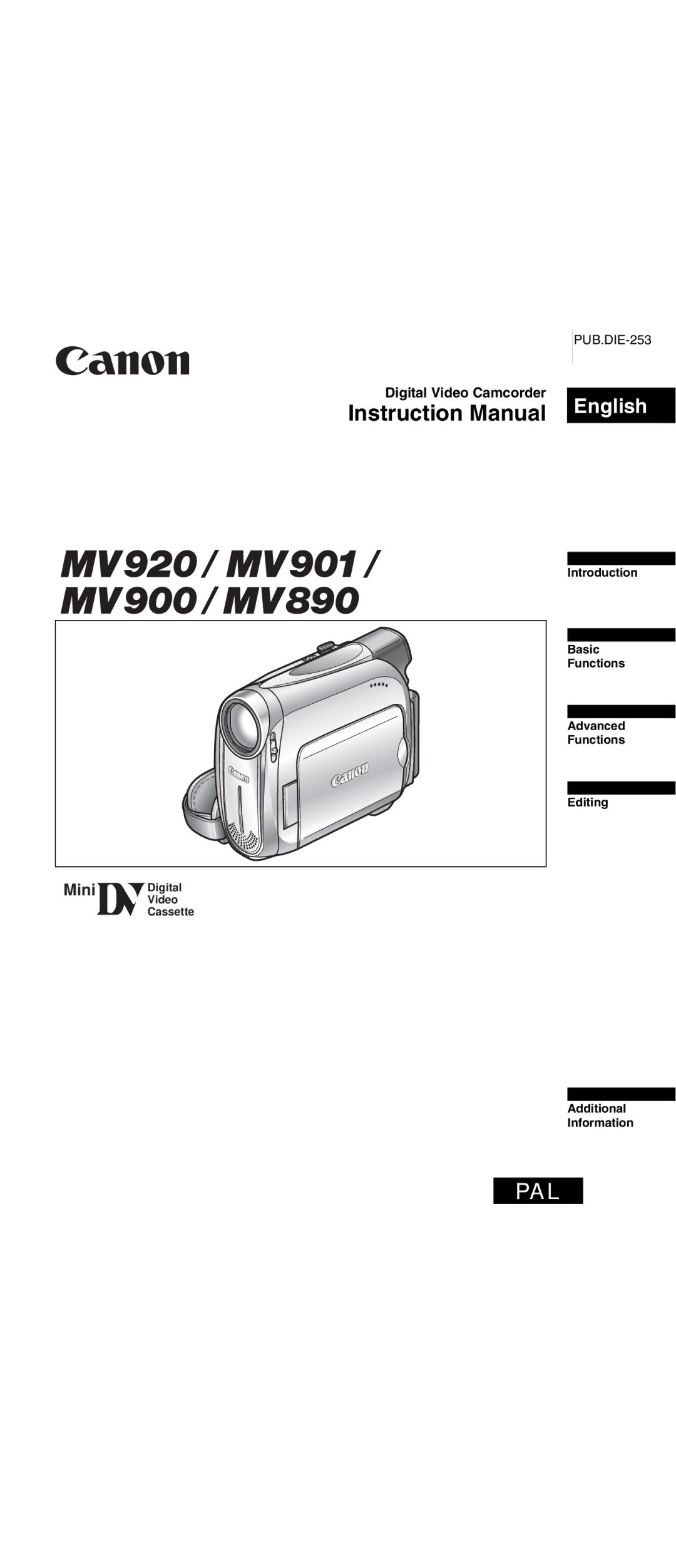 Canon MV 901 instruction manual Digital Video Camcorder 