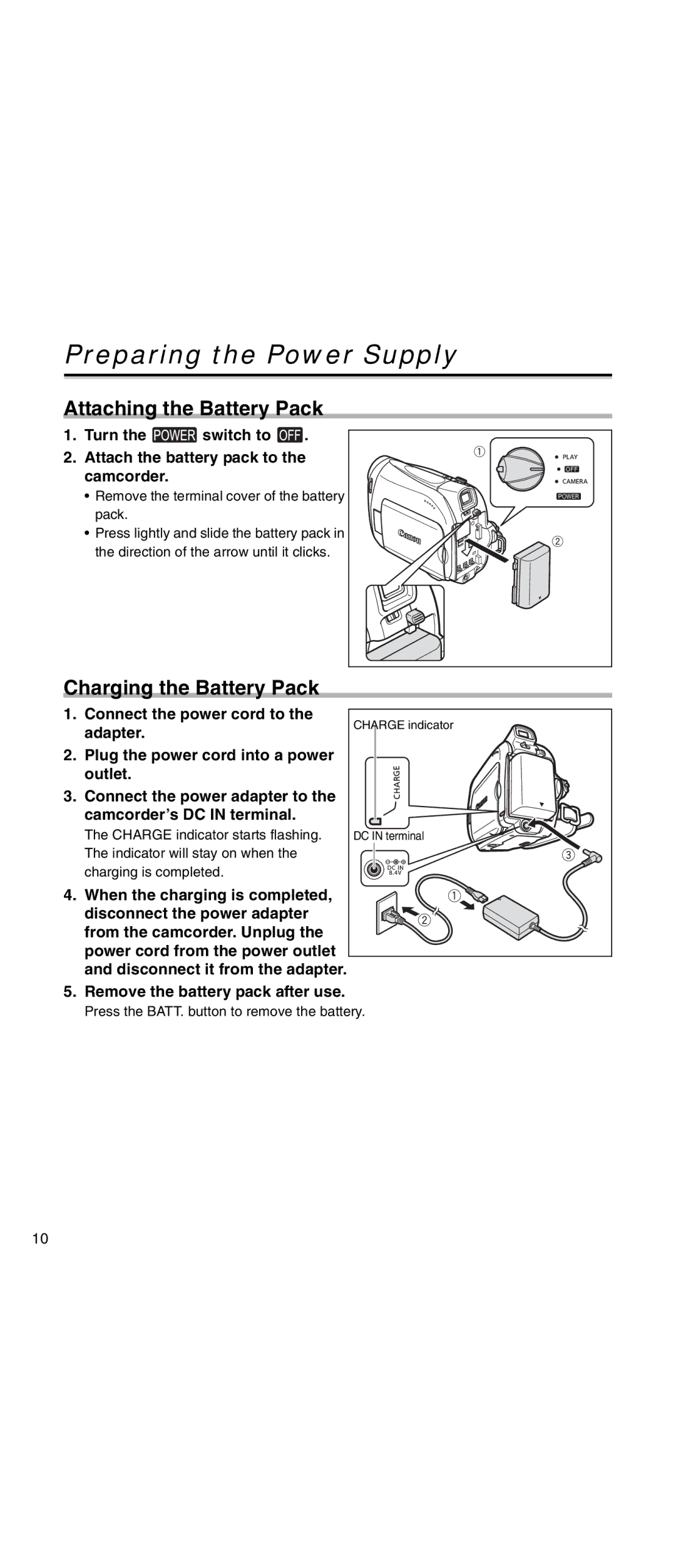 Canon MV 901 instruction manual Preparing the Power Supply, Attaching the Battery Pack, Charging the Battery Pack 