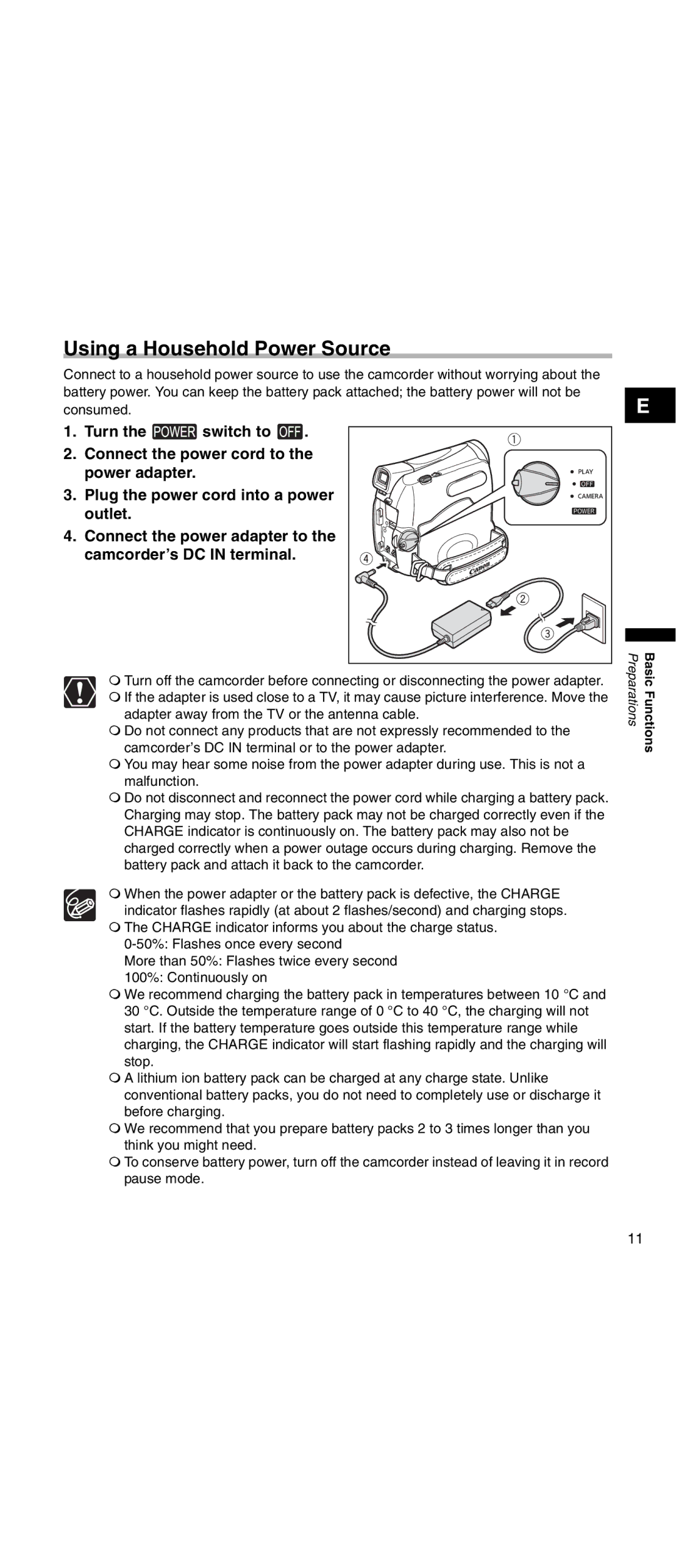 Canon MV 901 instruction manual Using a Household Power Source, Adapter away from the TV or the antenna cable 