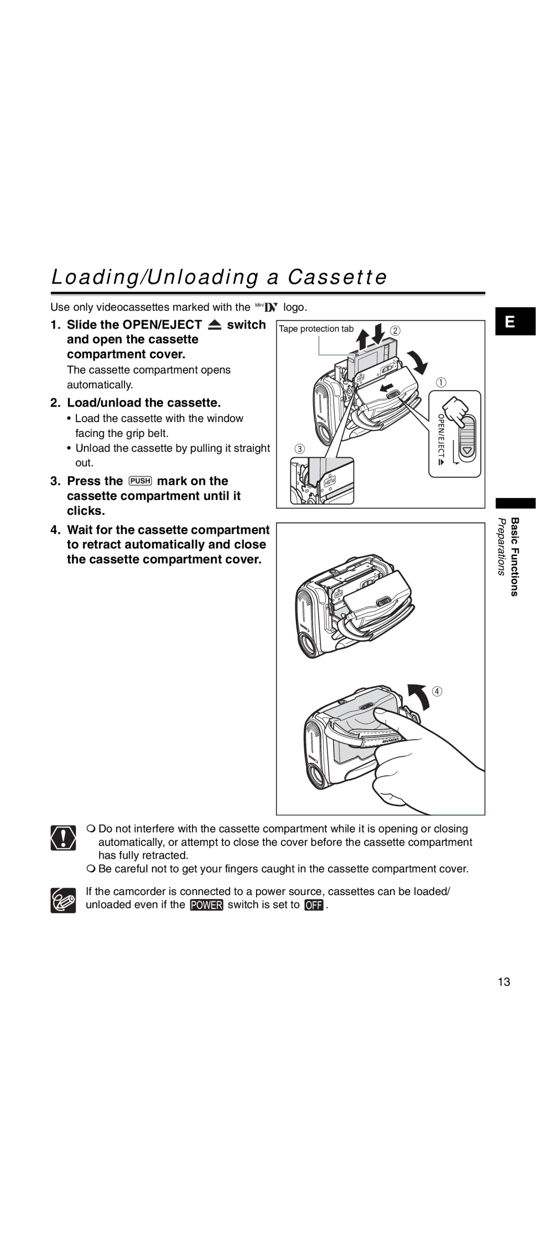 Canon MV 901 instruction manual Loading/Unloading a Cassette, Load/unload the cassette 