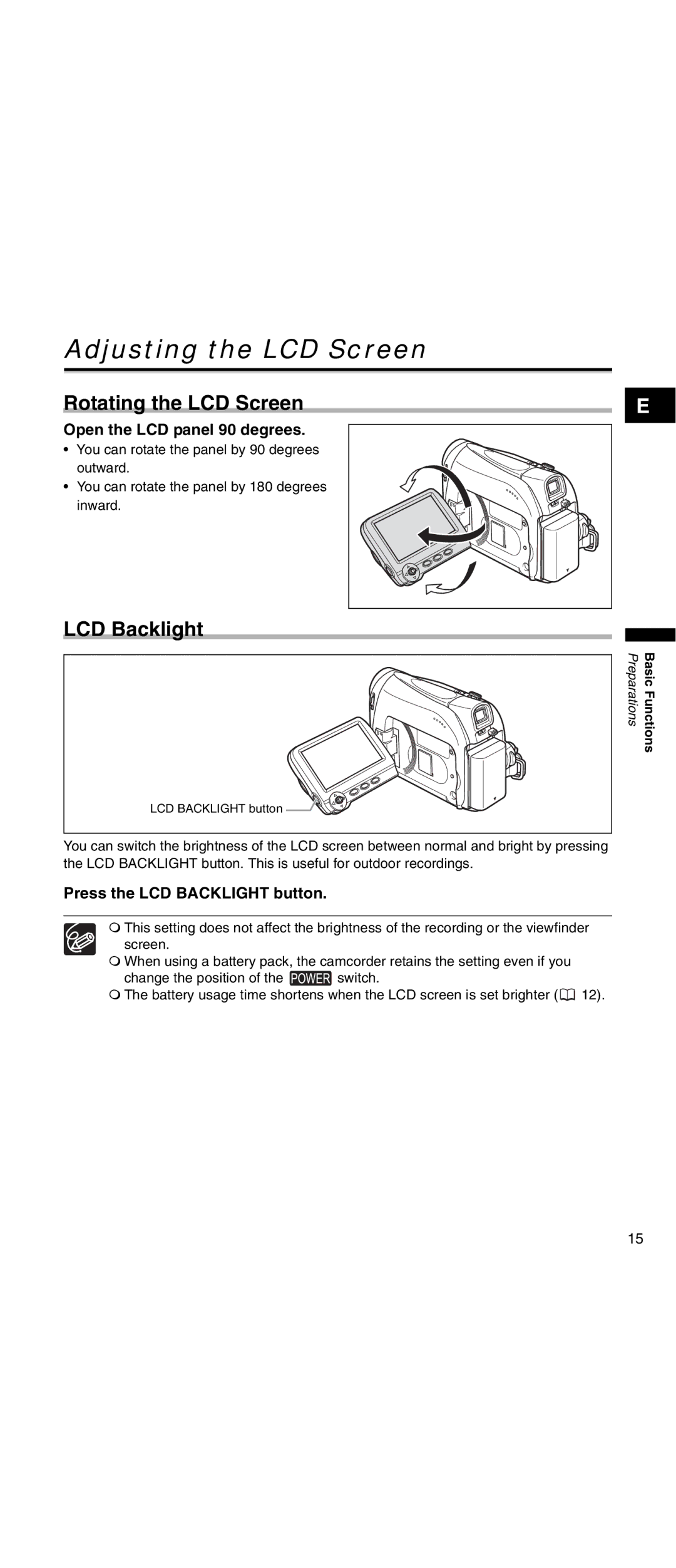 Canon MV 901 Adjusting the LCD Screen, Rotating the LCD Screen, LCD Backlight, Open the LCD panel 90 degrees 