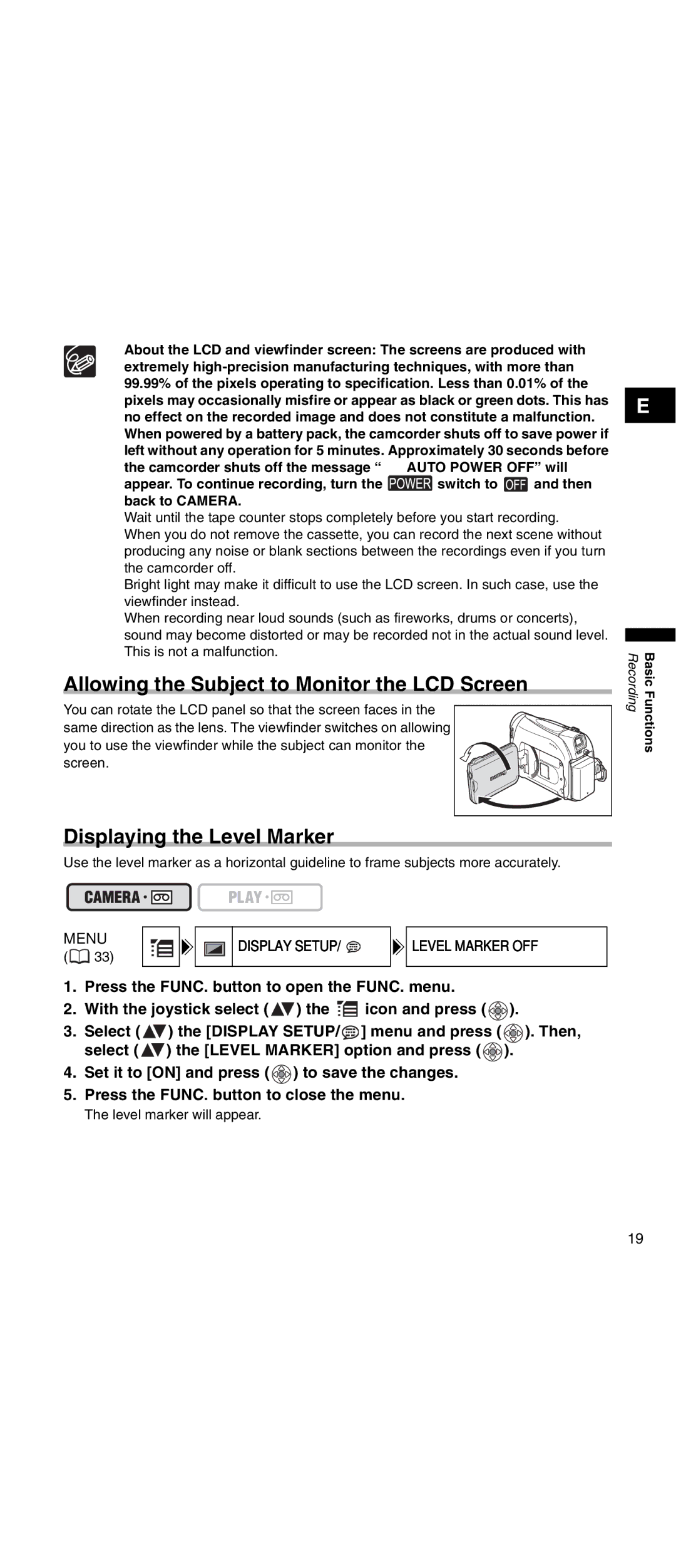 Canon MV 901 Allowing the Subject to Monitor the LCD Screen, Displaying the Level Marker, Display Setup Level Marker OFF 