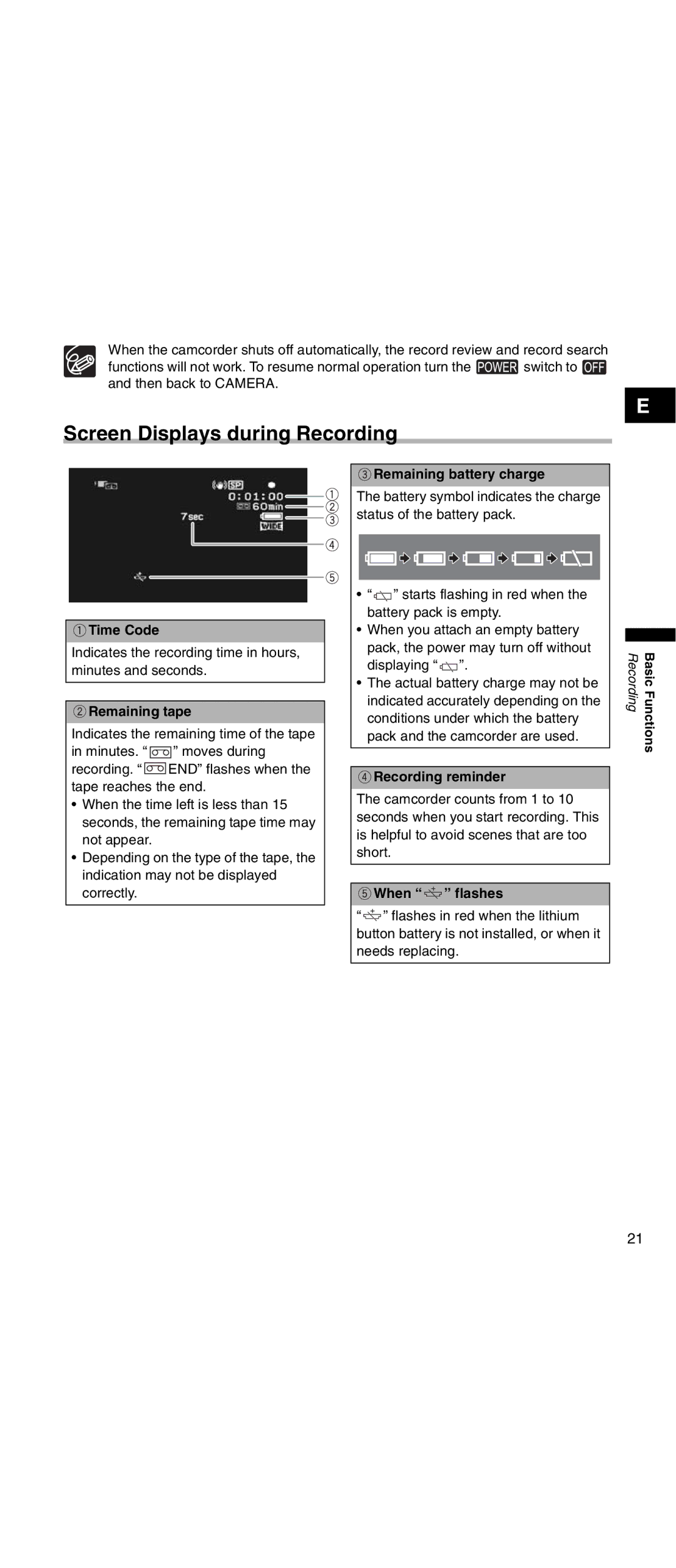 Canon MV 901 instruction manual Screen Displays during Recording 