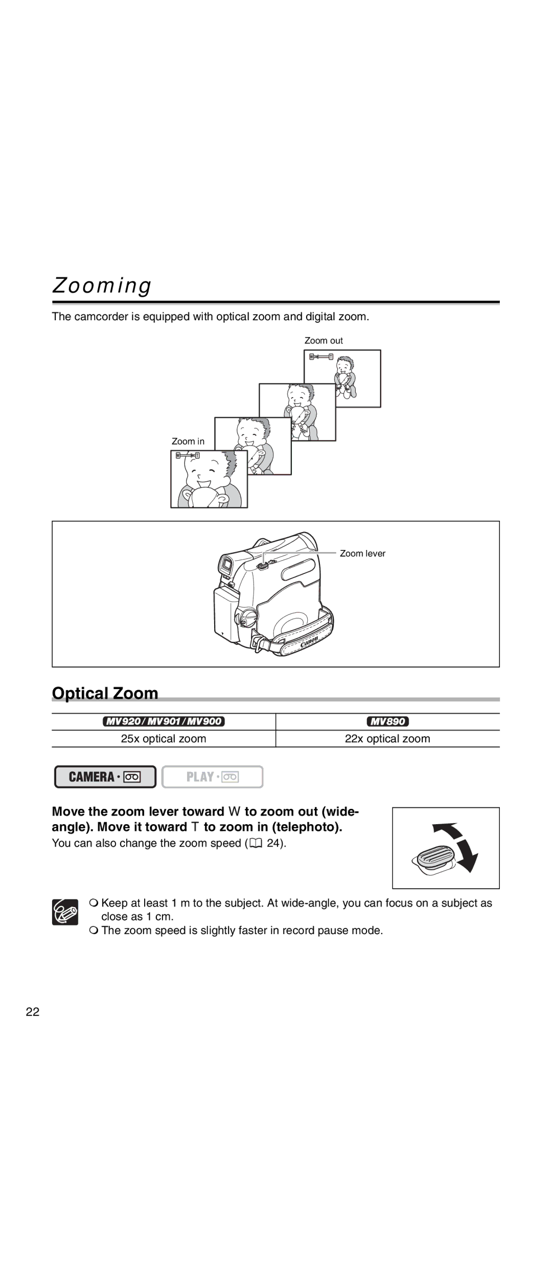 Canon MV 901 instruction manual Zooming, Optical Zoom 