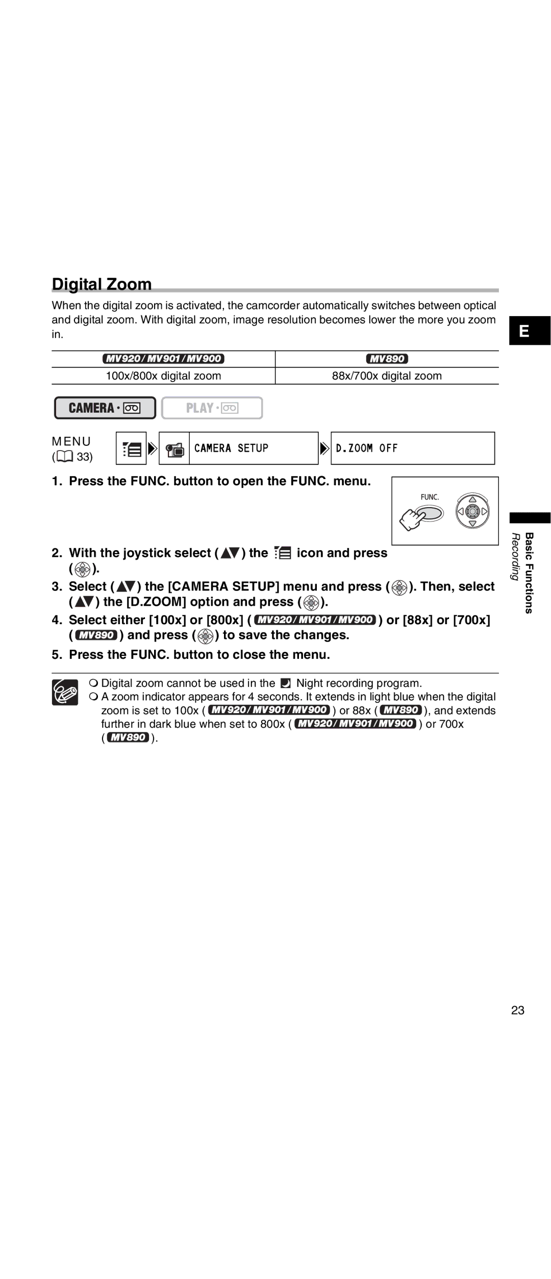 Canon MV 901 instruction manual Digital Zoom, Camera Setup 