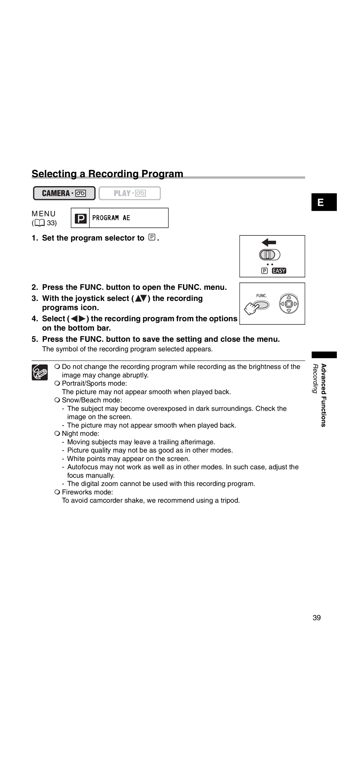 Canon MV 901 instruction manual Selecting a Recording Program 