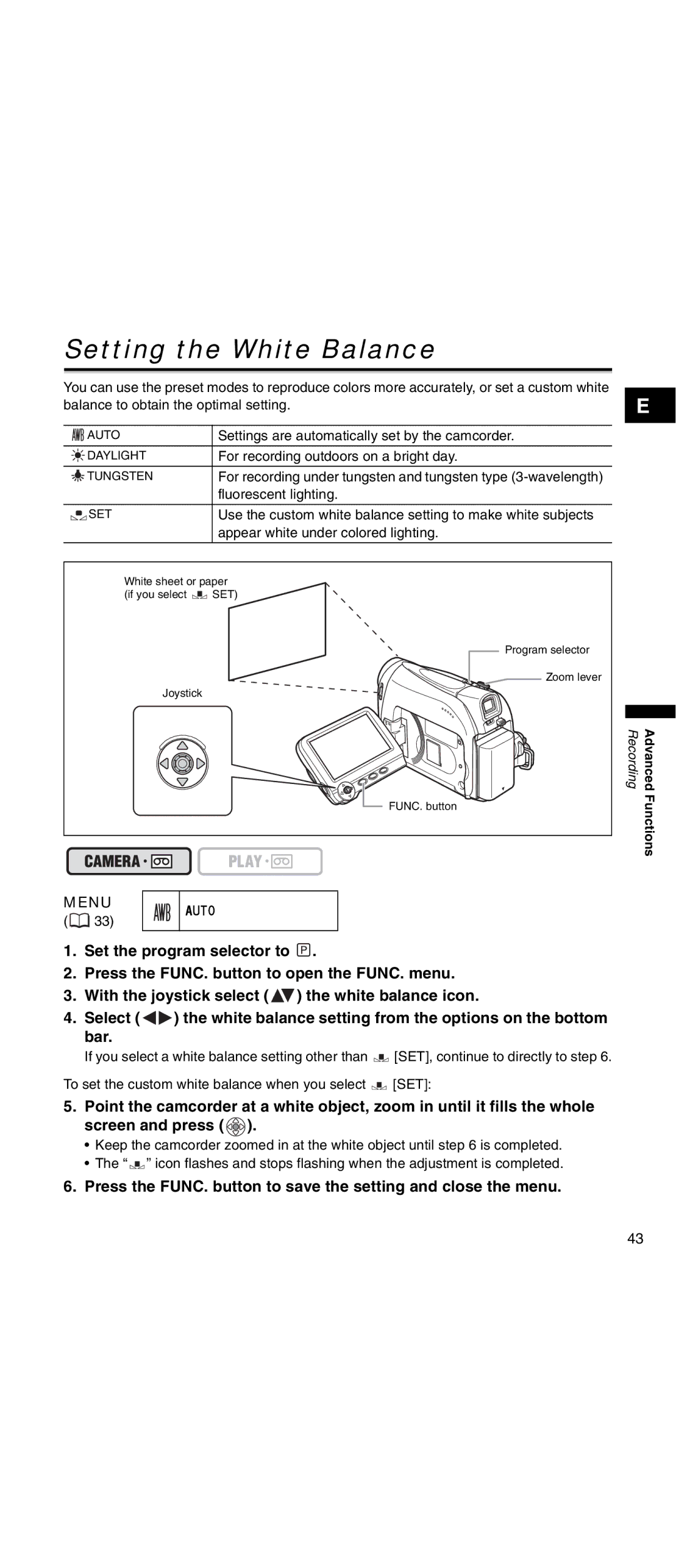 Canon MV 901 instruction manual Setting the White Balance, Auto 