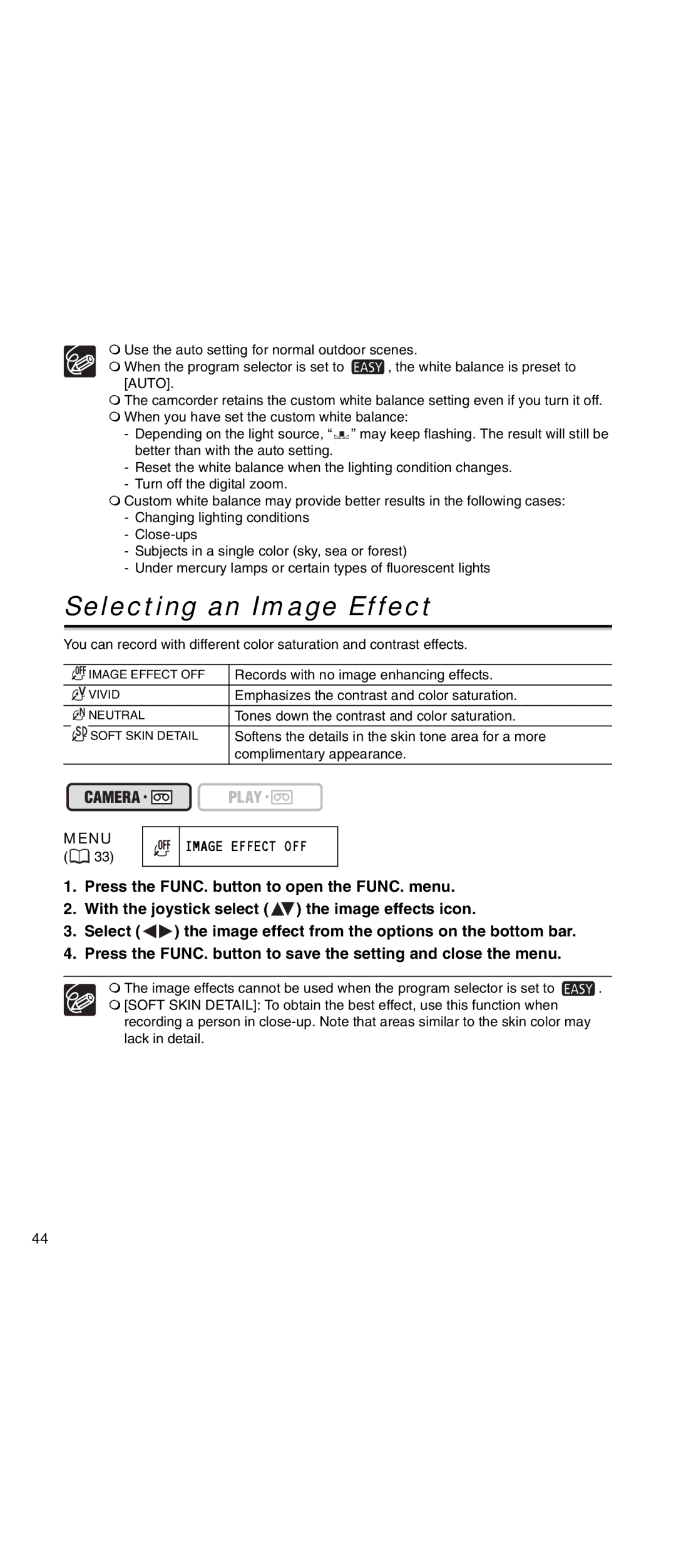 Canon MV 901 instruction manual Selecting an Image Effect, Image Effect OFF 