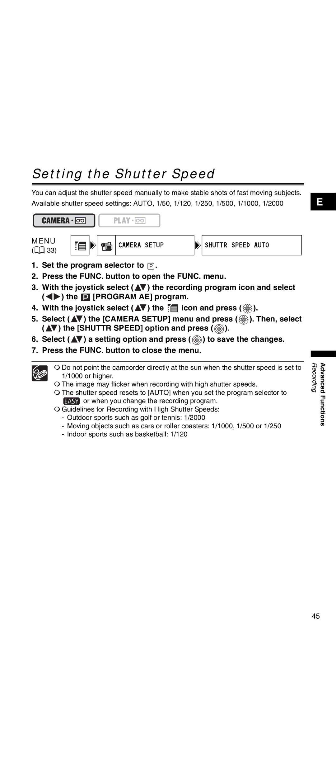 Canon MV 901 instruction manual Setting the Shutter Speed, Camera Setup 