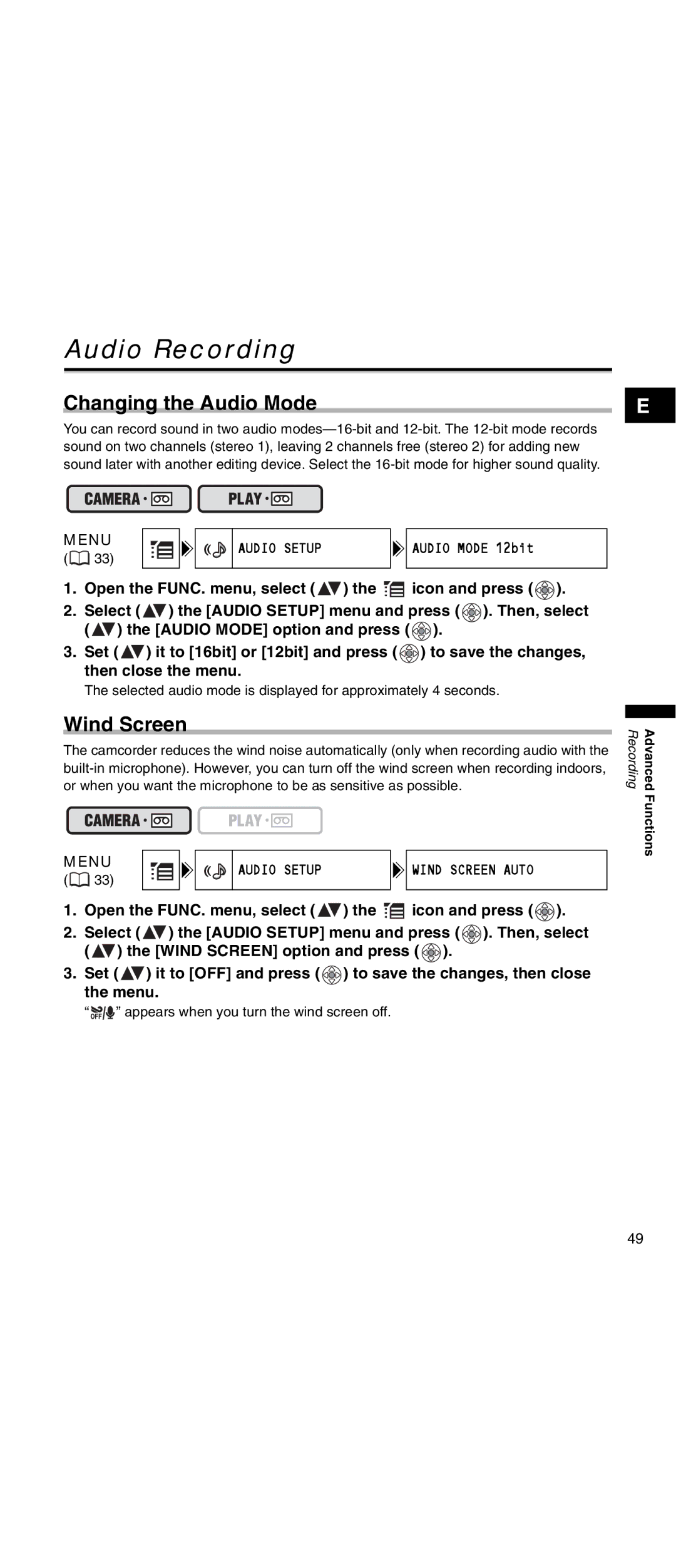 Canon MV 901 instruction manual Audio Recording, Changing the Audio Mode, Wind Screen, Audio Setup 