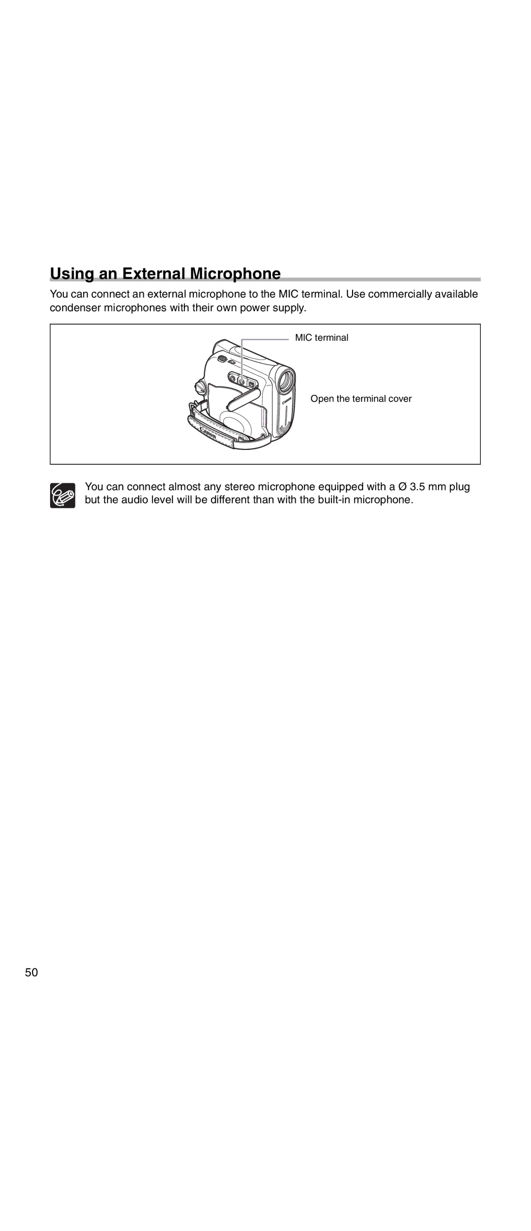 Canon MV 901 instruction manual Using an External Microphone 