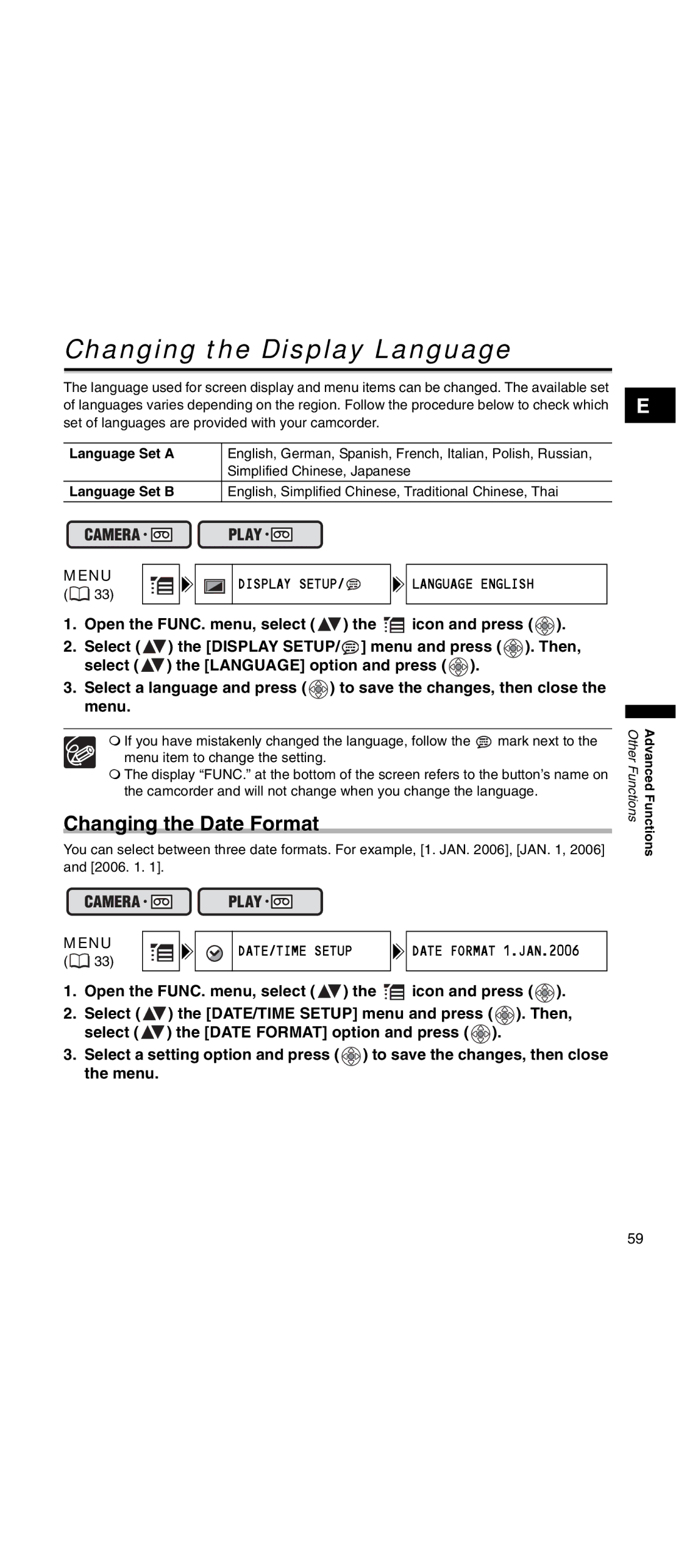 Canon MV 901 instruction manual Changing the Display Language, Changing the Date Format, Display Setup 