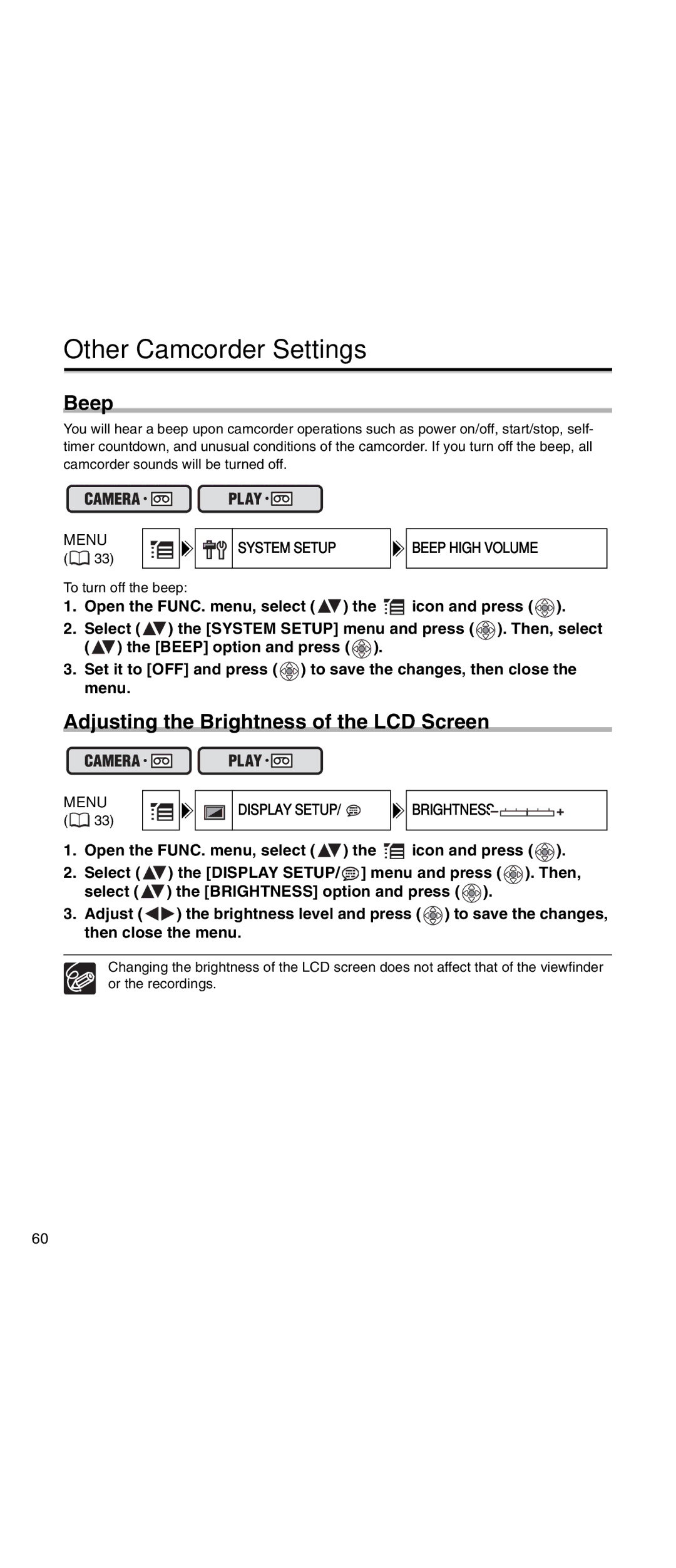 Canon MV 901 Other Camcorder Settings, Adjusting the Brightness of the LCD Screen, System Setup Beep High Volume 