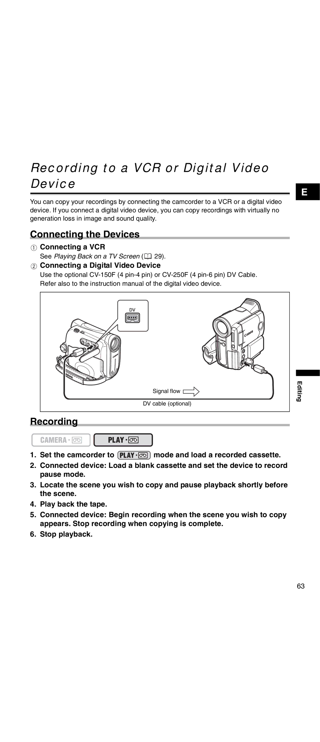 Canon MV 901 instruction manual Recording to a VCR or Digital Video Device, Connecting the Devices, Connecting a VCR 