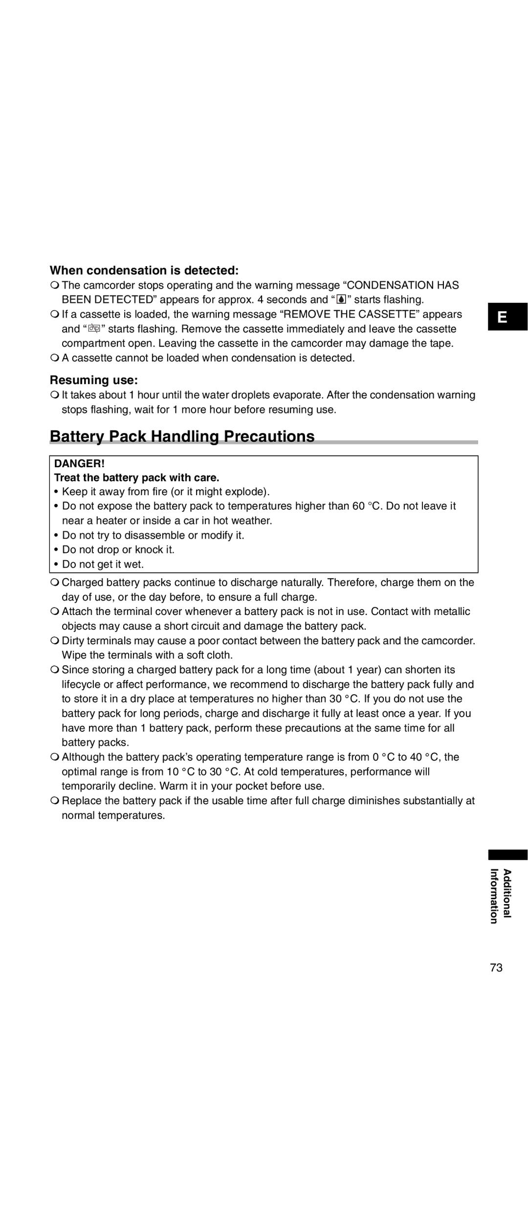 Canon MV 901 instruction manual Battery Pack Handling Precautions, When condensation is detected, Resuming use 