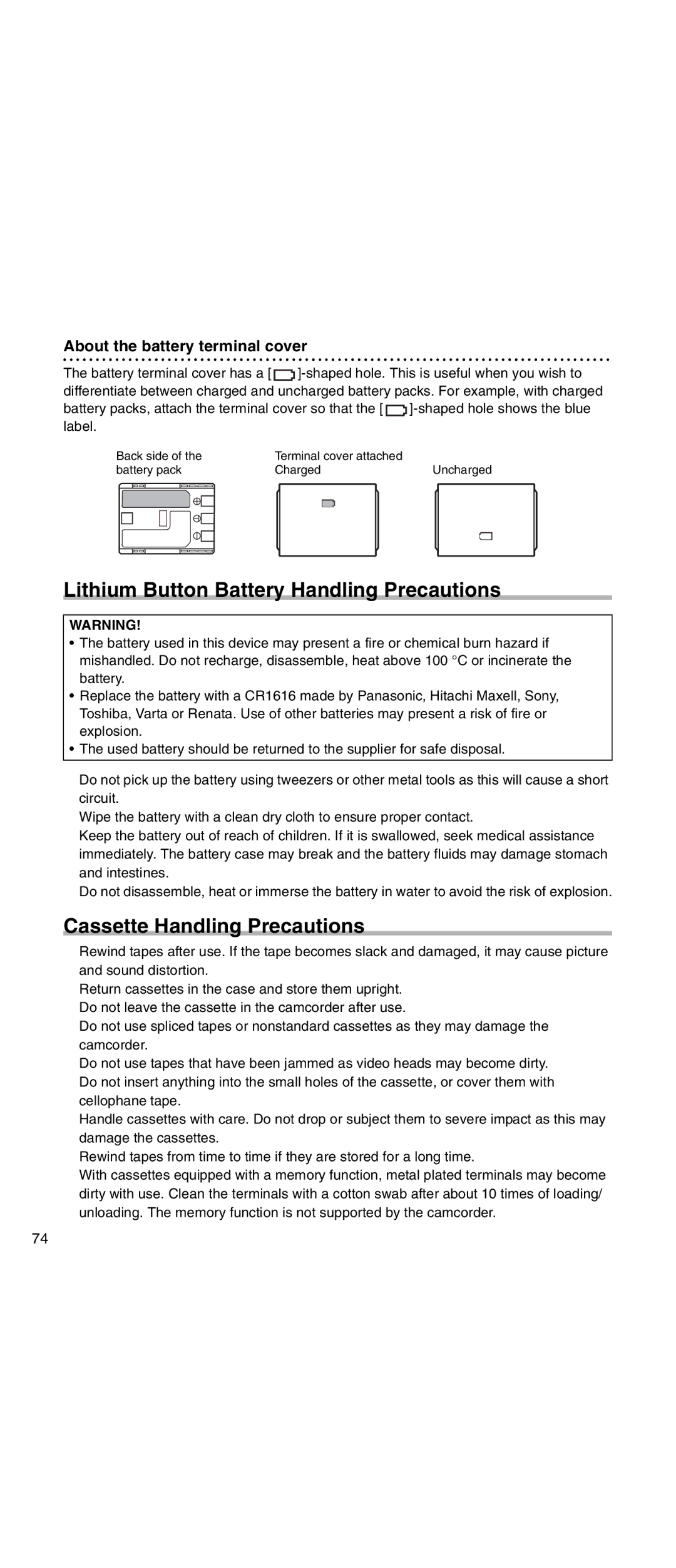 Canon MV 901 Lithium Button Battery Handling Precautions, Cassette Handling Precautions, About the battery terminal cover 