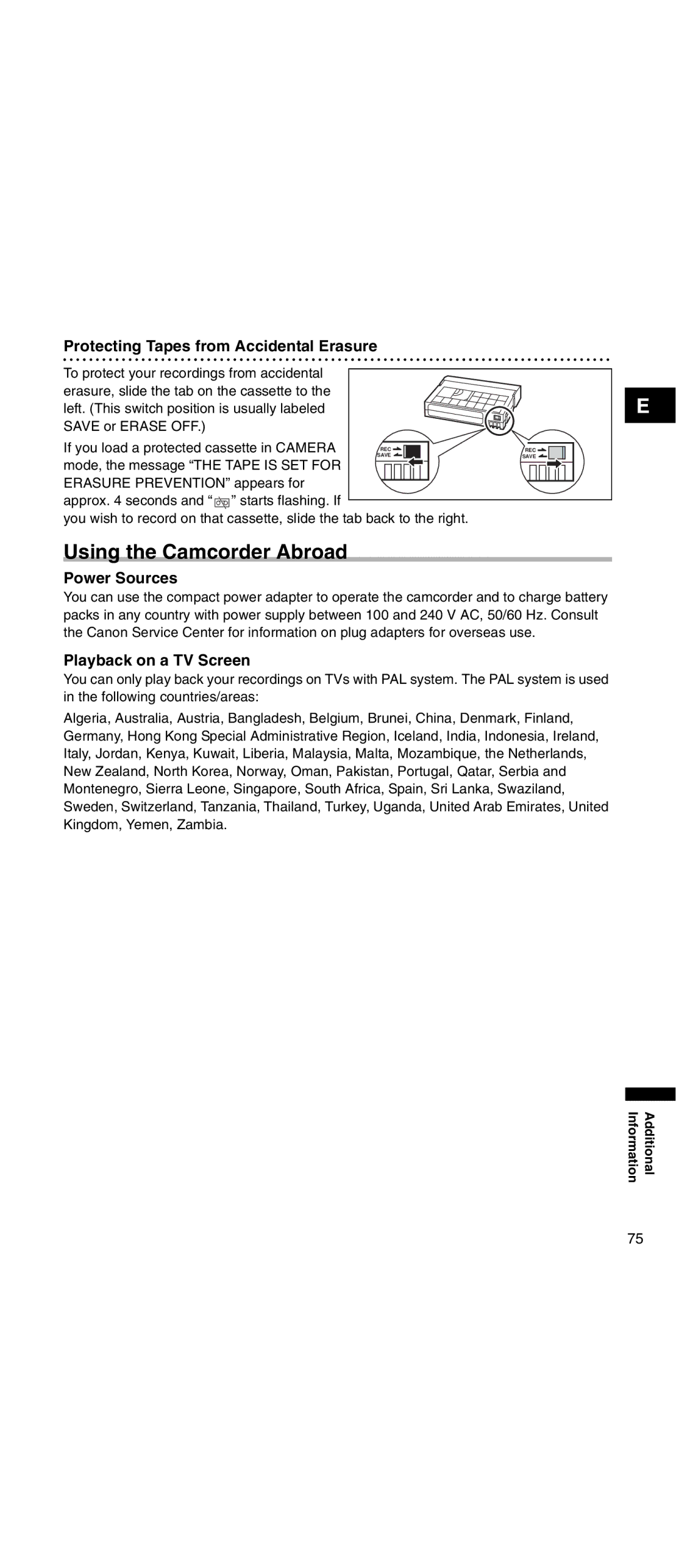 Canon MV 901 Using the Camcorder Abroad, Protecting Tapes from Accidental Erasure, Power Sources, Playback on a TV Screen 
