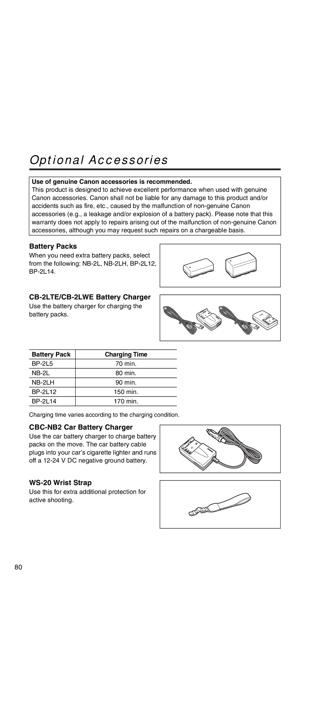 Canon MV 901 Optional Accessories, Battery Packs, CB-2LTE/CB-2LWE Battery Charger, CBC-NB2 Car Battery Charger 