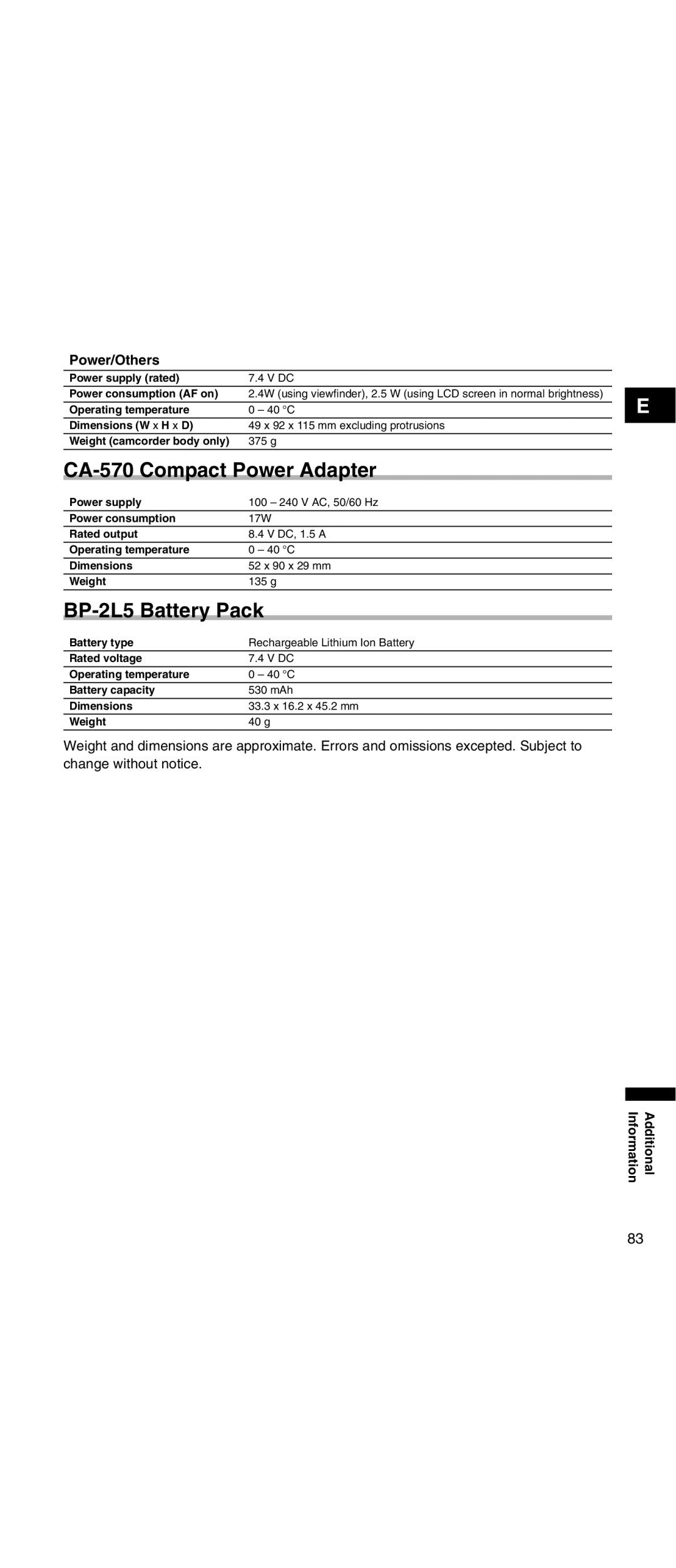 Canon MV 901 instruction manual CA-570 Compact Power Adapter, BP-2L5 Battery Pack, Power/Others 