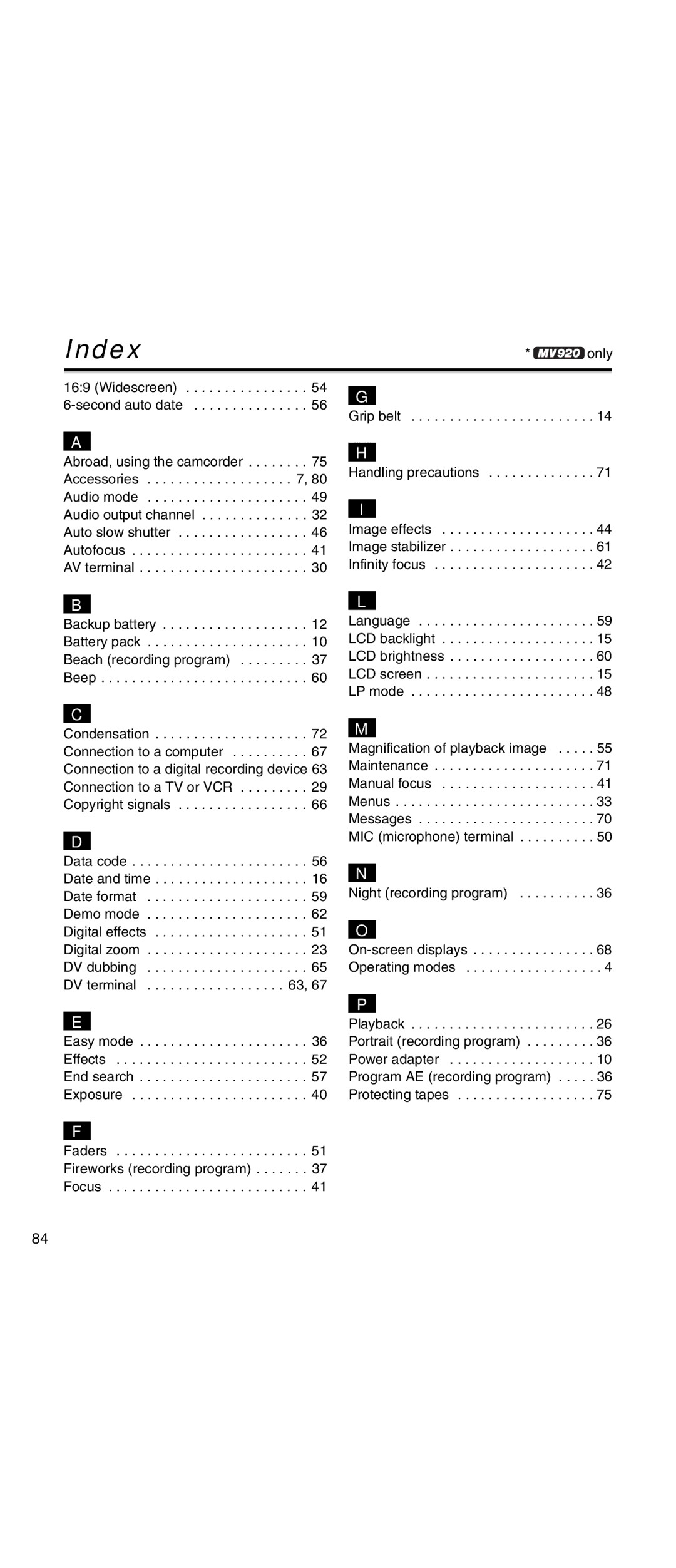 Canon MV 901 instruction manual Index, Only 