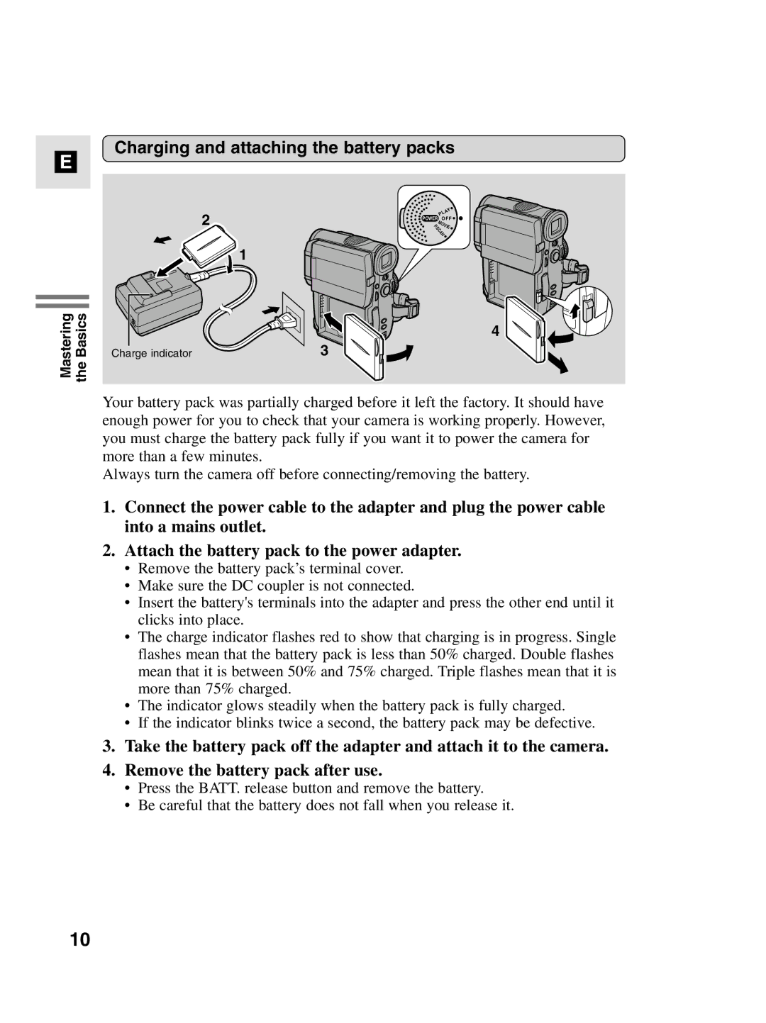 Canon MV4i MC instruction manual Charging and attaching the battery packs 