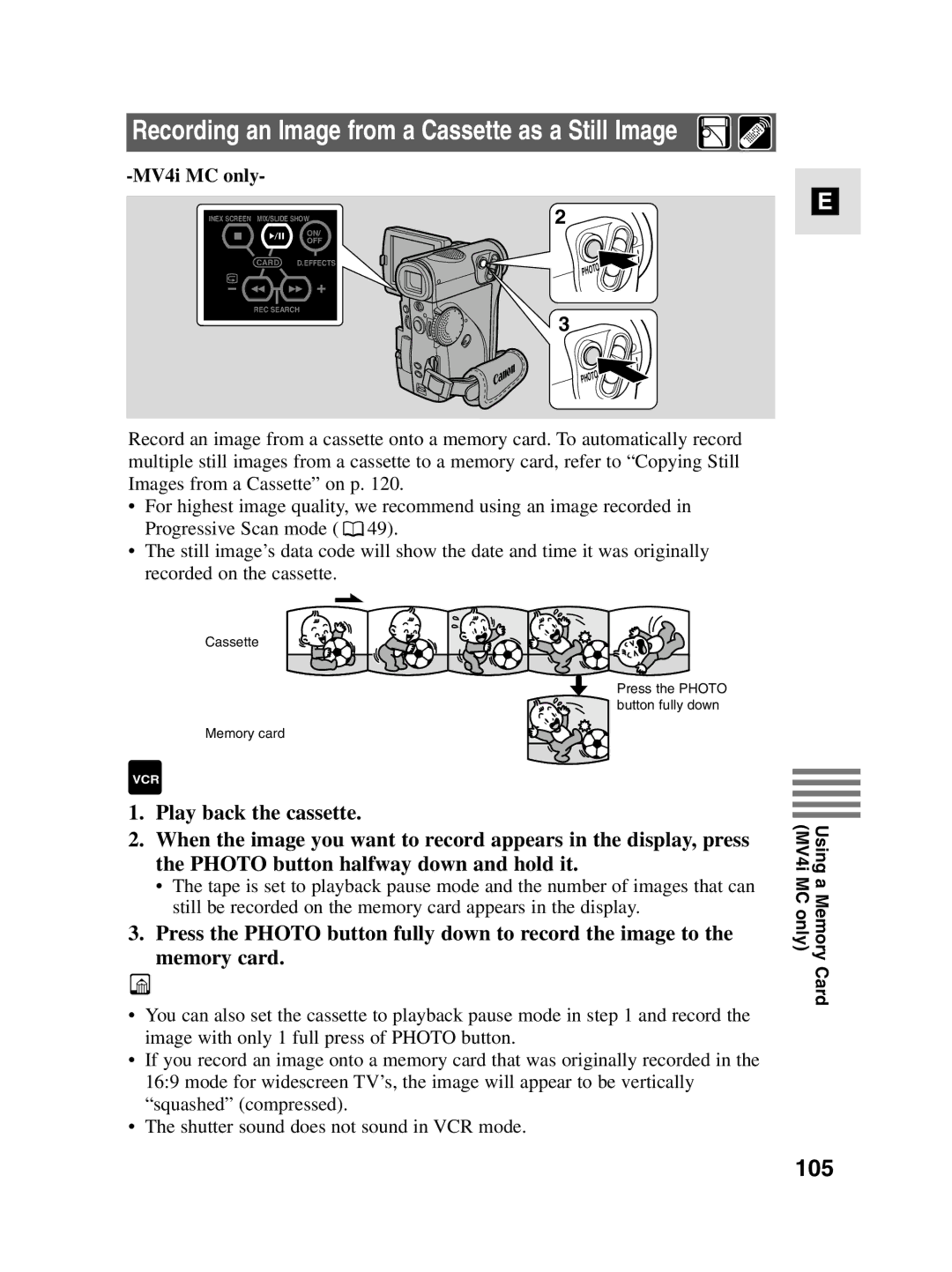 Canon MV4i MC instruction manual Recording an Image from a Cassette as a Still Image, 105 