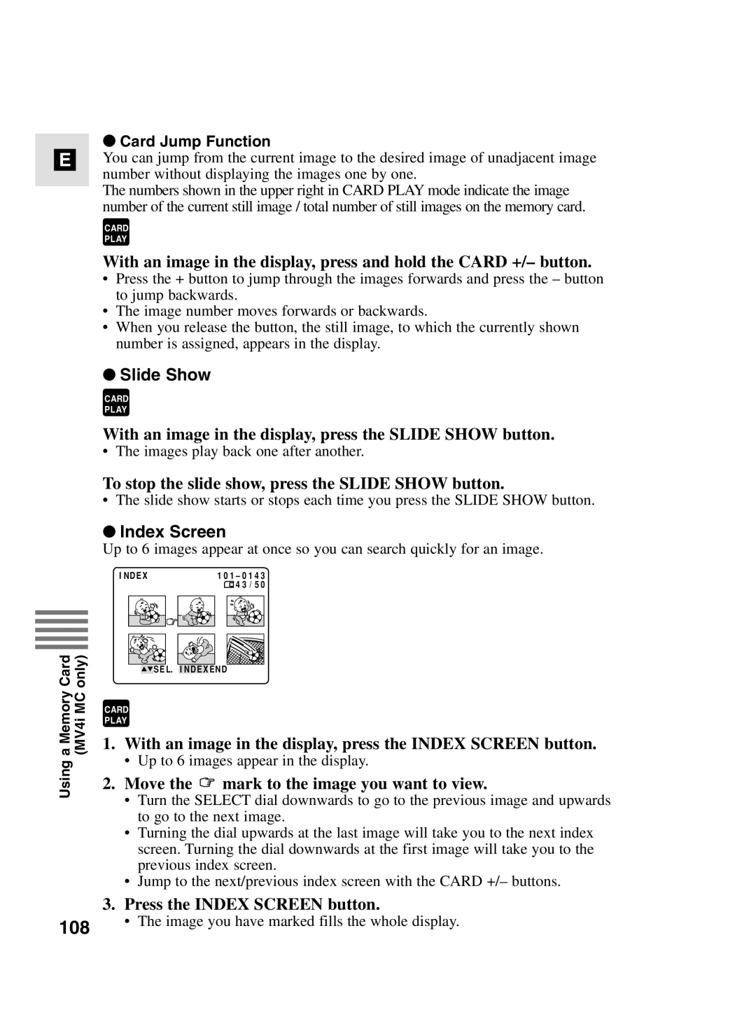 Canon MV4i MC instruction manual 108, Slide Show, Index Screen 