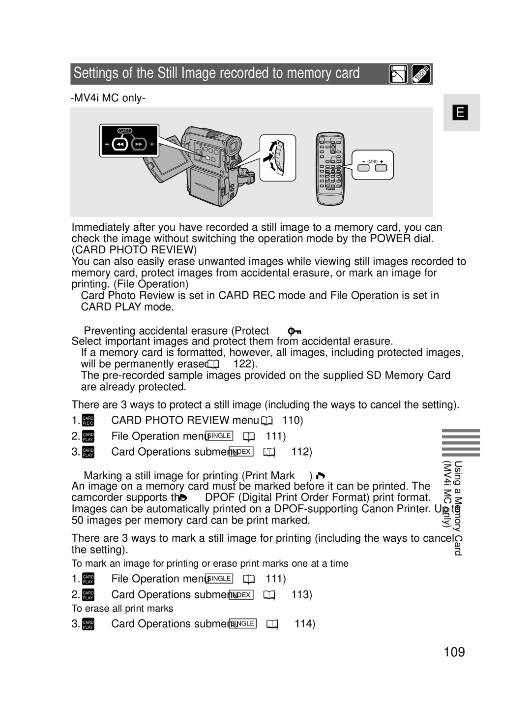 Canon MV4i MC instruction manual Settings of the Still Image recorded to memory card, 109 