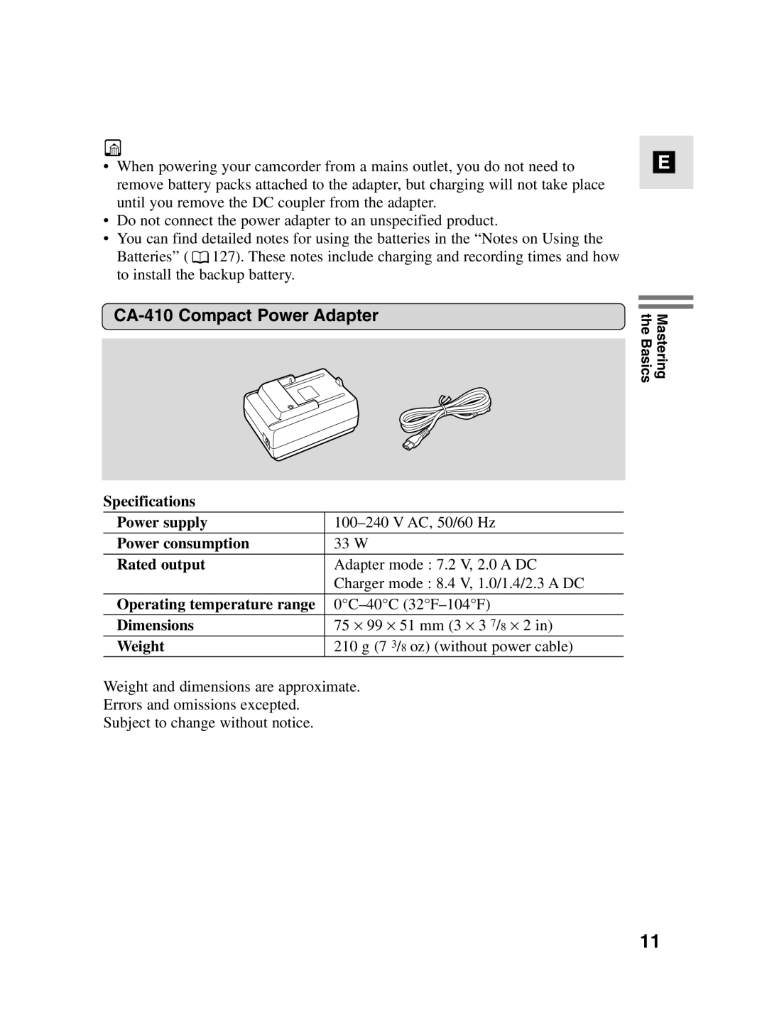 Canon MV4i MC instruction manual CA-410 Compact Power Adapter 